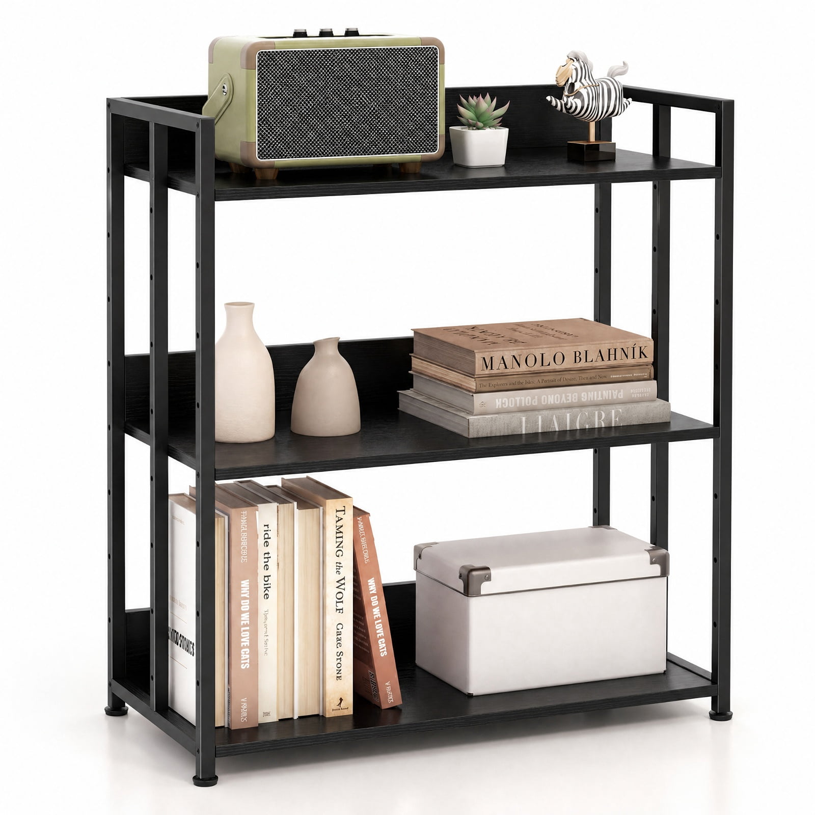 Furnibear 3-Tier Corner Bookshelf with Adjustable Shelves and Anti-Toppling Device for Study for Living Room Home Office Bedroom Display, Black
