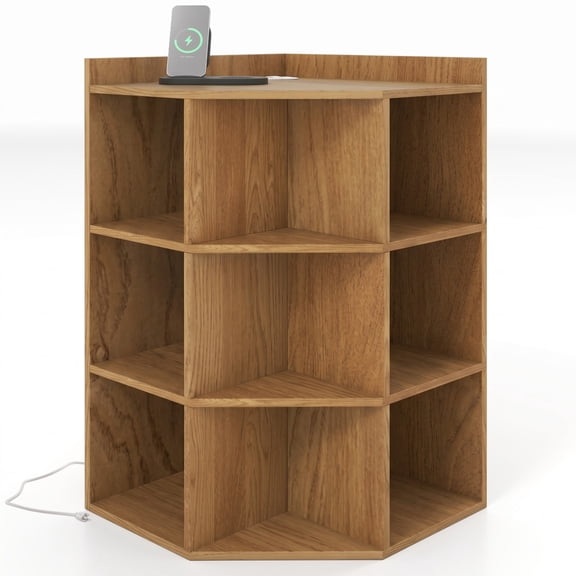Furnibear 3-Tier Corner Cabinet with Charging Station, Corner Bookshelf Storage Organizer with 4 Outlets USB & Type-C Ports, 9-Cube Open Display Shelf for, Natural