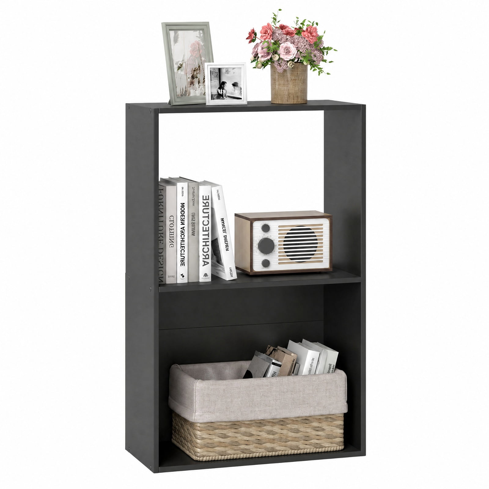 Furnibear 3-Tier Freestanding Bookshelf with Open Storage Compartment Countertop and Anti-Toppling Device for Study and Home Office, Black