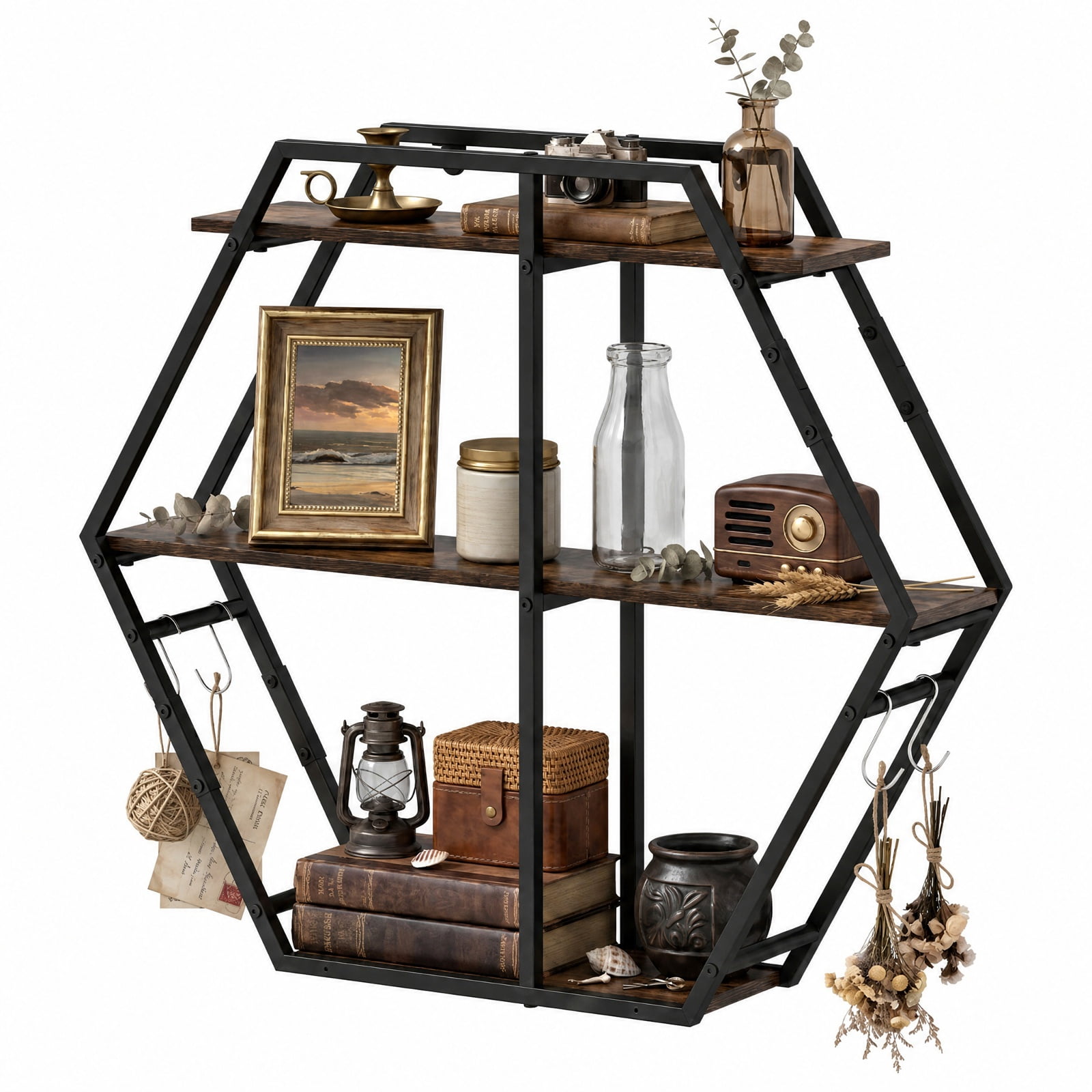 Furnibear 3-Tier Geometric Bookcase with S-Shaped Hooks for Living Room for Living Room Home Office Bedroom Display Storage Shelf, Rustic Brown