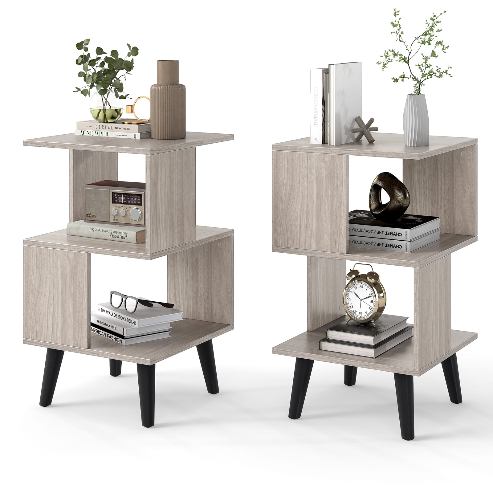Furnibear 3-Tier Geometric Bookshelf Set of 2, Modern Open Storage Shelf Unit for Living Room, Bedroom, Office, Small Space, White