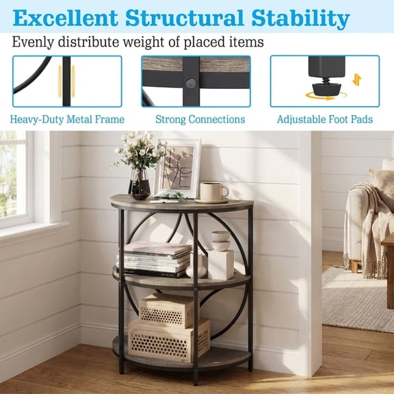 Furnibear 3-Tier Half Round End Table with Sturdy Metal Frame for Living Room, Gray