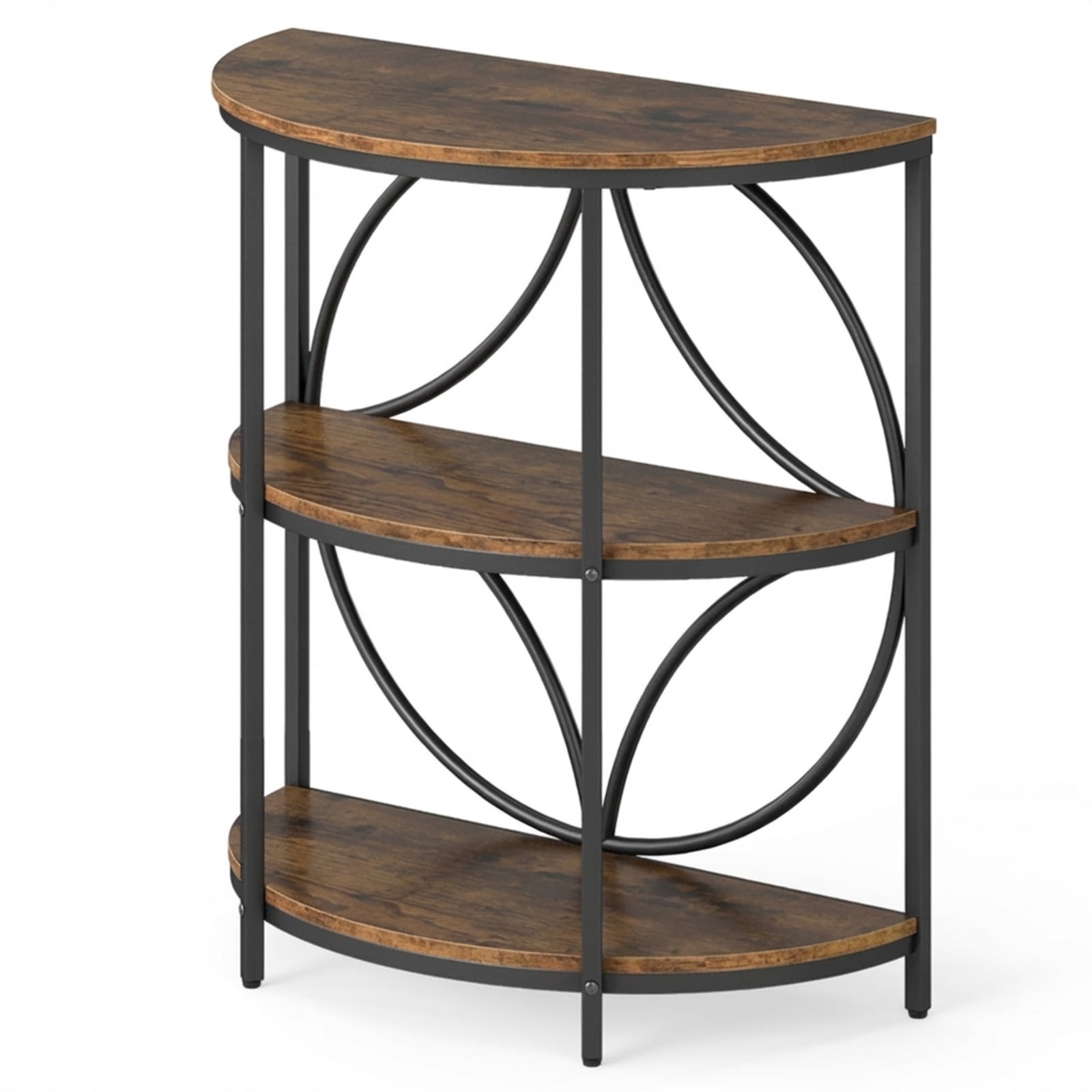 Furnibear 3-Tier Half Round End Table with Sturdy Metal Frame for Living Room, Rustic Brown