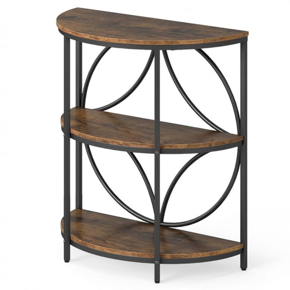 Furnibear 3-Tier Half Round End Table with Sturdy Metal Frame for Living Room, Rustic Brown