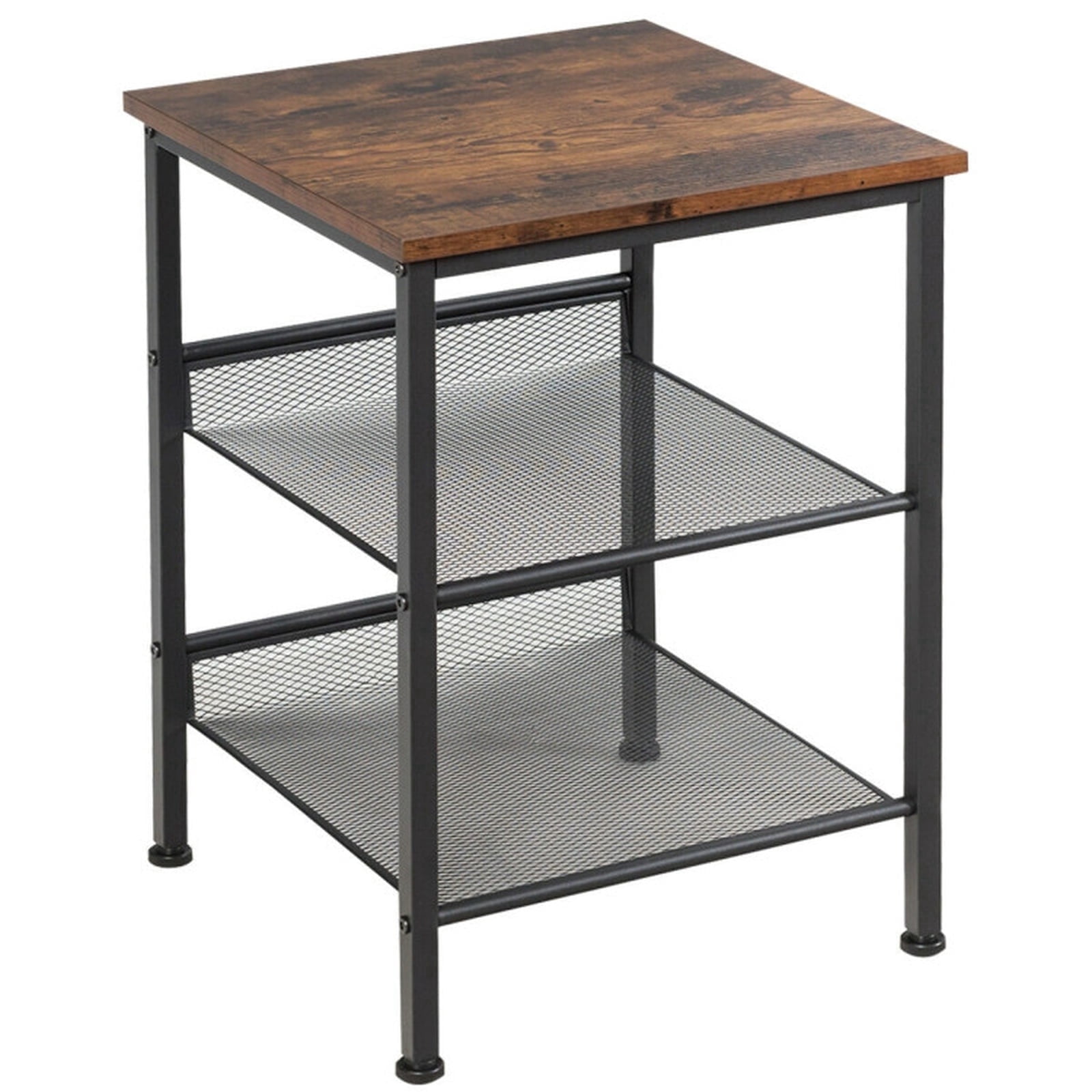 Furnibear 3-Tier Industrial End Table with Adjustable Mesh Shelves, Rustic Brown Wood and Metal Accent Table for Living Room, Bedroom, and Office