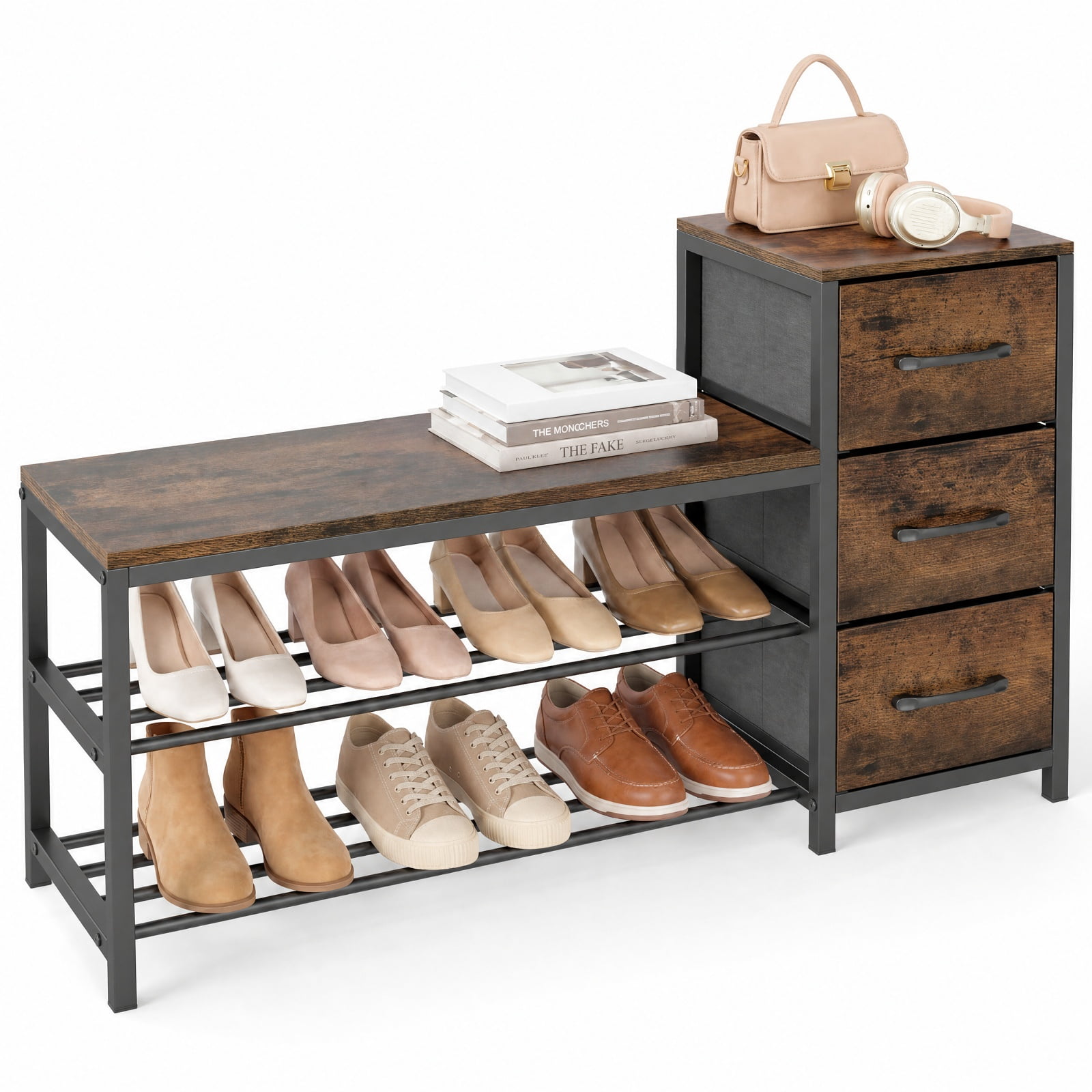 Furnibear 3 Tier Industrial Shoe Bench with 3 Removable Fabric Drawers and Anti Toppling Kits for Entryway Shoe Storage, Rustic Brown