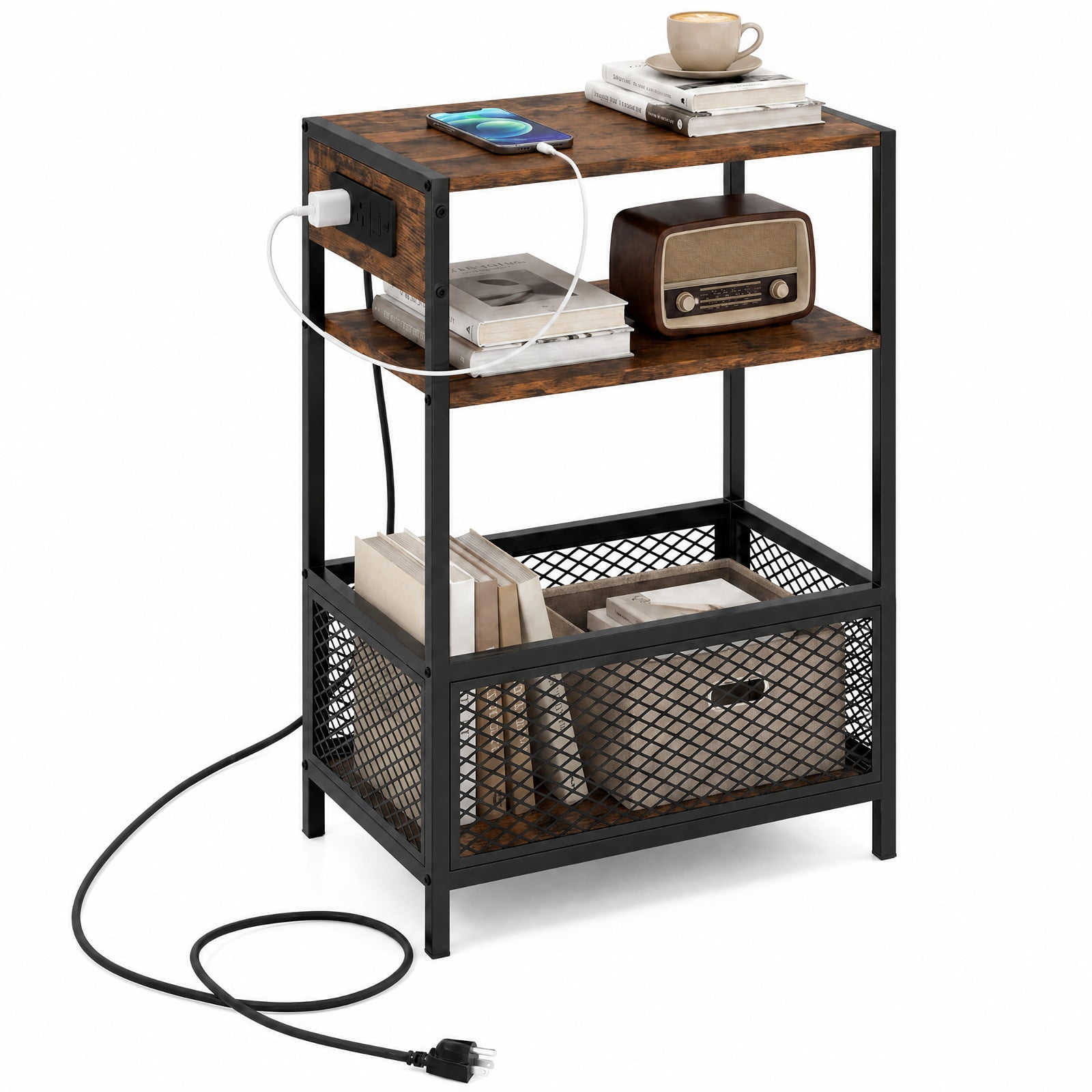 Furnibear 3 Tier Industrial Side Table with 2 AC Outlets USB and Type-C Ports and Metal Frame for Living Room Bedroom Home Office, Rustic Brown