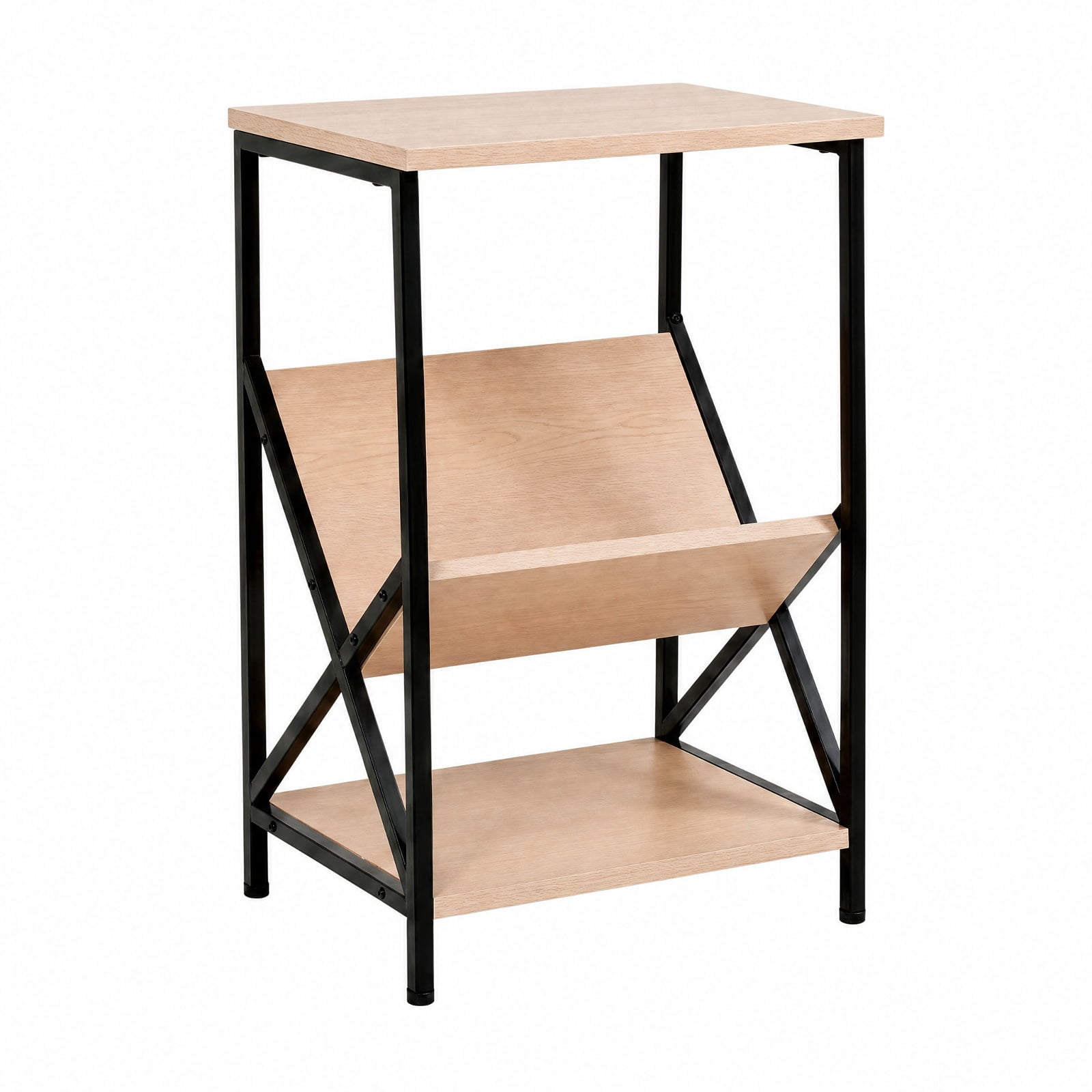 Furnibear 3-Tier Industrial Side Table with V-Shaped Bookshelf Magazine Holder and Steel Frame for Living Room and Bedroom, Natural