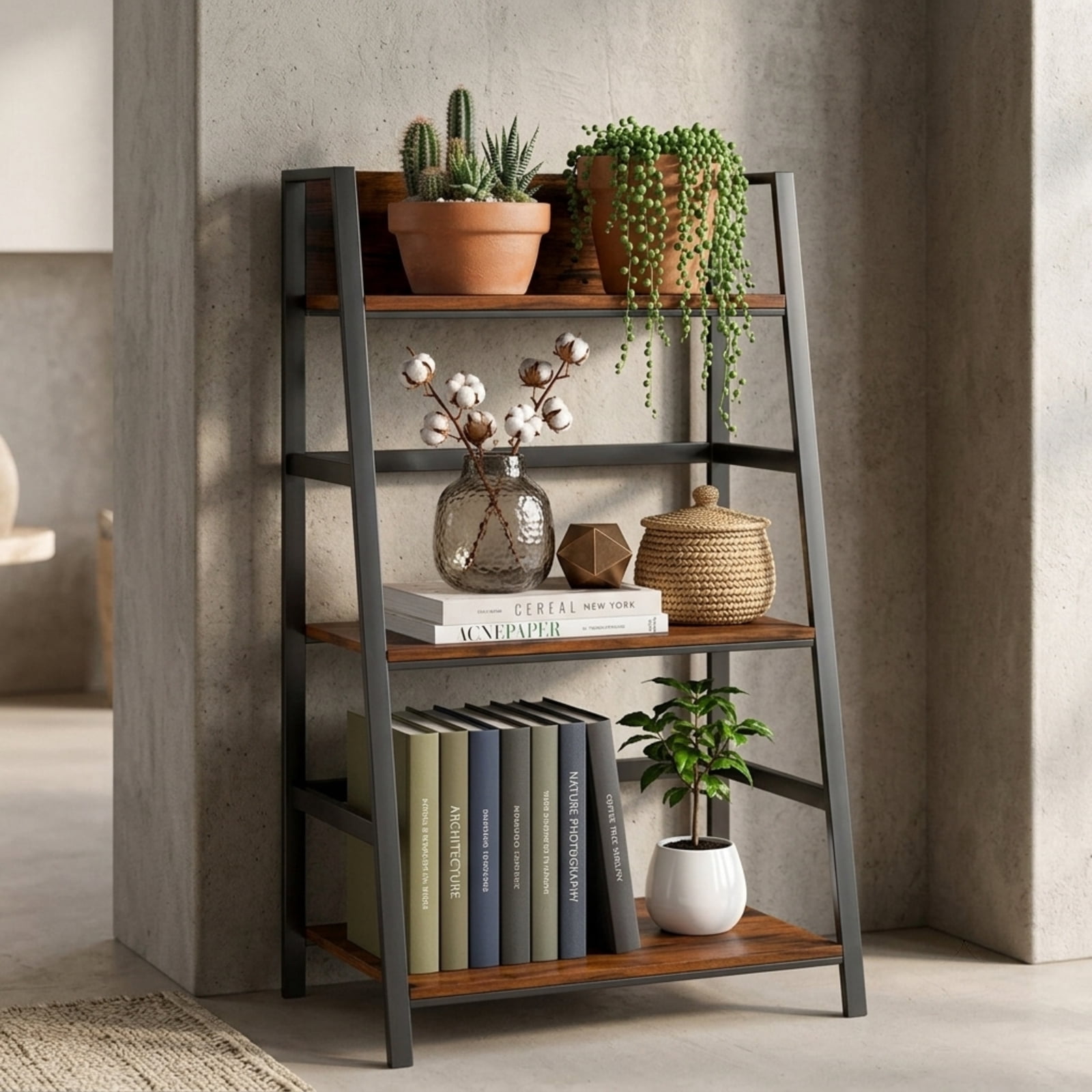Furnibear 3-Tier Ladder Industrial Bookshelf with Metal Frame for Living Room Home Office Bedroom Display Storage Shelf, Coffee