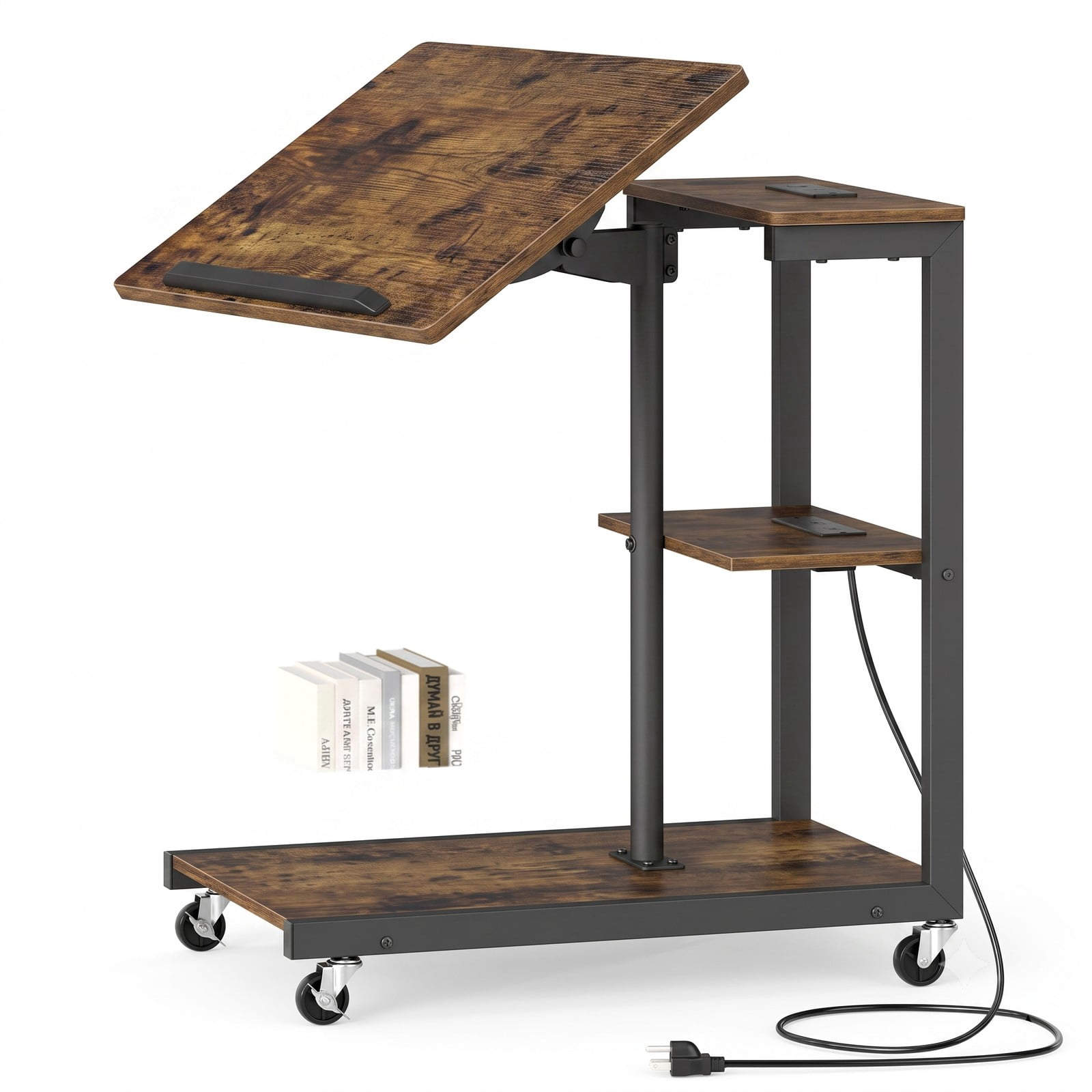 Furnibear 3-Tier Mobile Couch Side Table with Charging Station, Height Adjustable C-Shaped Sofa End Table with Tiltable Tabletop, 2 AC Outlets, Rustic Brown & Black