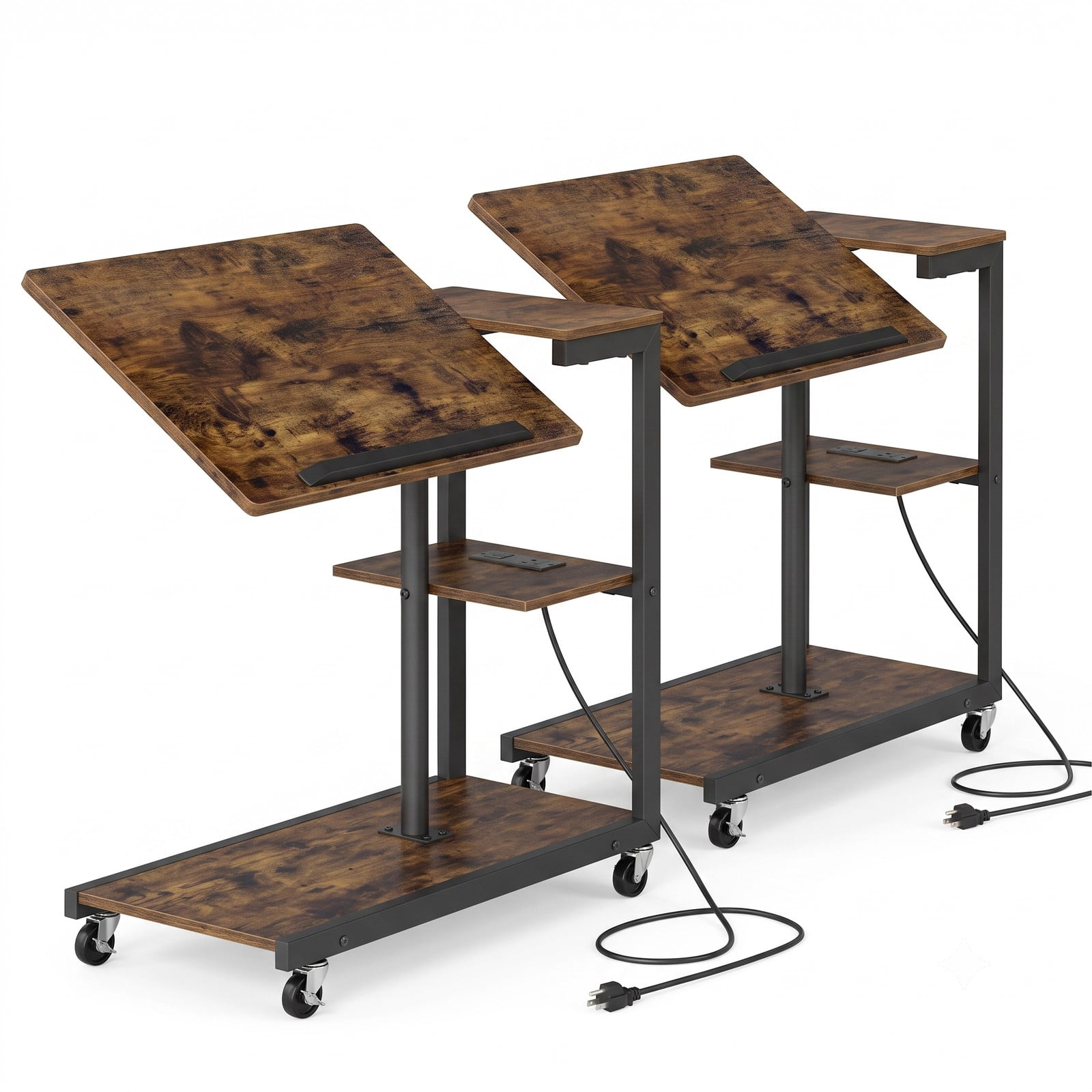 Furnibear 3-Tier Mobile Couch Side Table Set of 2 with Charging Station, Height Adjustable C-Shaped Sofa End Tables with Tiltable Tabletop, 2 AC, Rustic Brown & Black