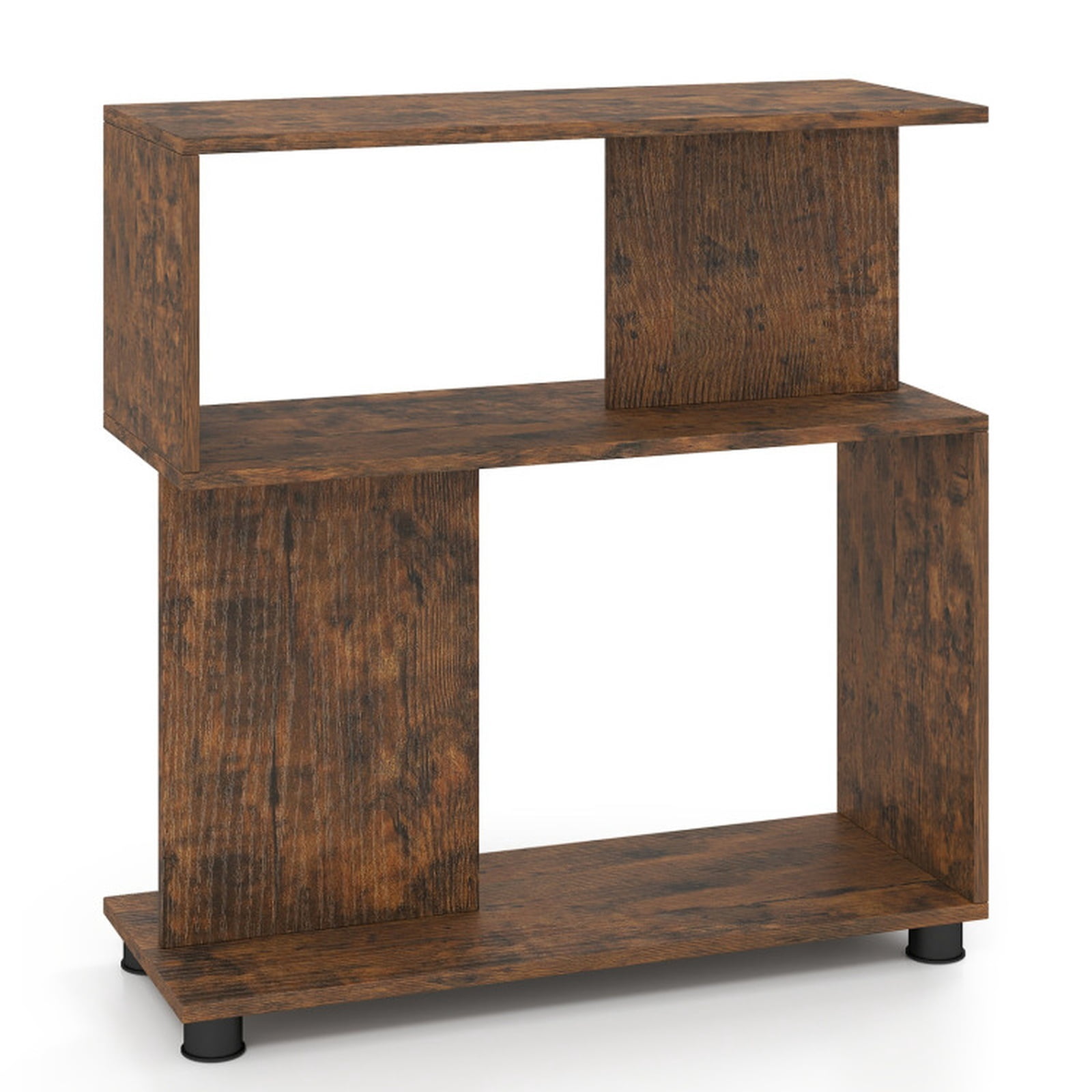 Furnibear 3-Tier Modern S-Shaped Bookshelf with Reversible Design Adjustable Feet and Anti-Tipping Kits for Living Room and Study, Rustic, Brown