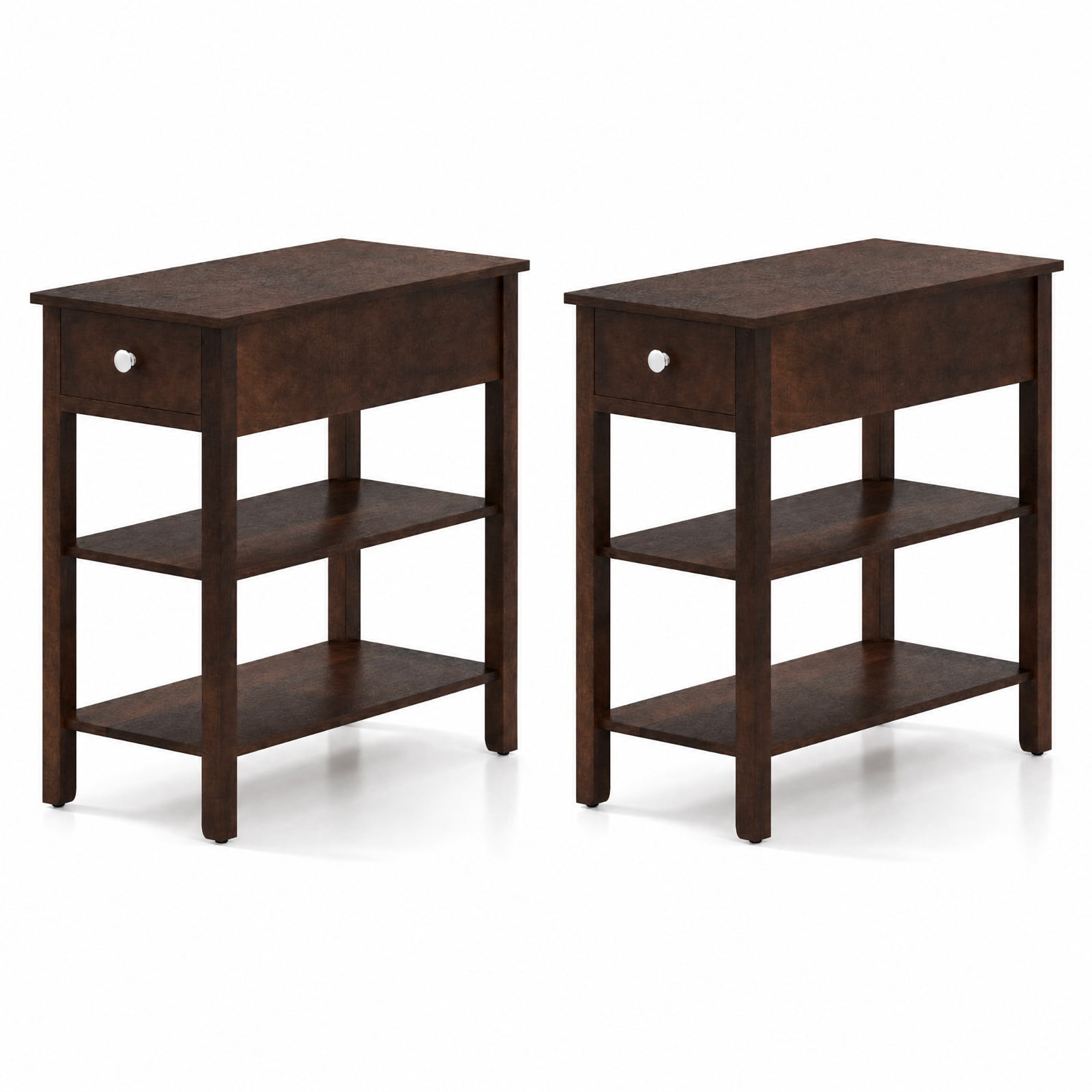 Furnibear 3 Tier Narrow End Table Set of 2 with Pull Out Drawer and Open Storage Shelves and Rubber Wood Legs for Bedroom Living Room, Walnut