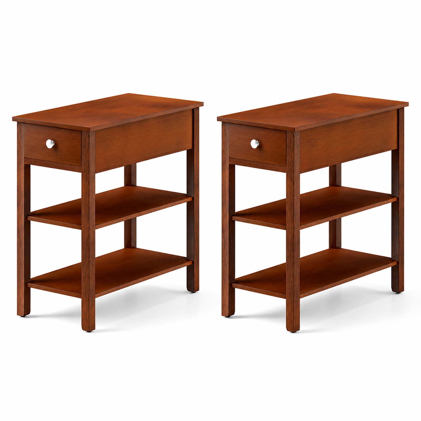 Furnibear 3 Tier Narrow End Table Set of 2 with Pull Out Drawer and Open Storage Shelves and Rubber Wood Legs for Living Room, Brown