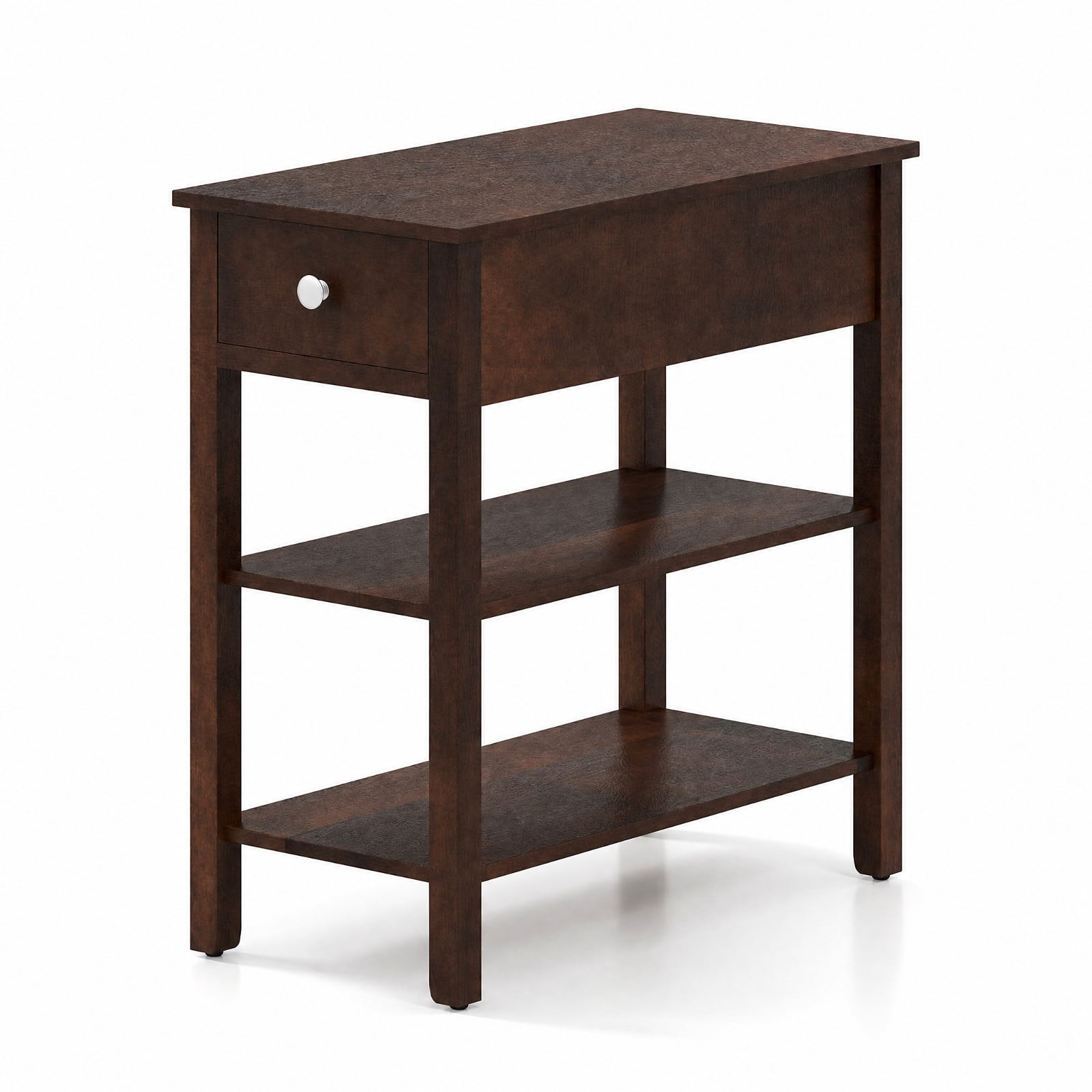 Furnibear 3 Tier Narrow End Table with Pull Out Drawer and Open Storage Shelves and Solid Rubber Wood Legs for Living Room and Bedroom, Walnut