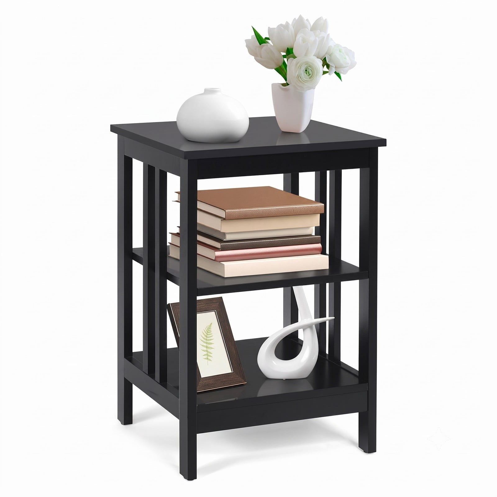 Furnibear 3-Tier Nightstand Sofa Side Table, Narrow End Table with Baffles and Round Corners, Open Storage Shelf Bedside Table for Bedroom Living Room Entryway, Black