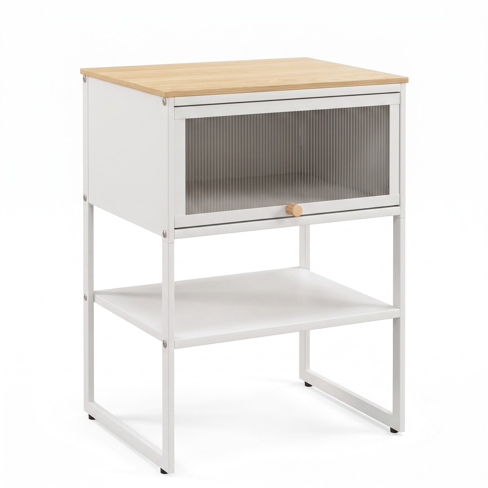 Furnibear 3-Tier Nightstand with Flip Up Fluted Door and Open Bottom Shelf plus Metal Frame for Small Spaces and Bedroom, White