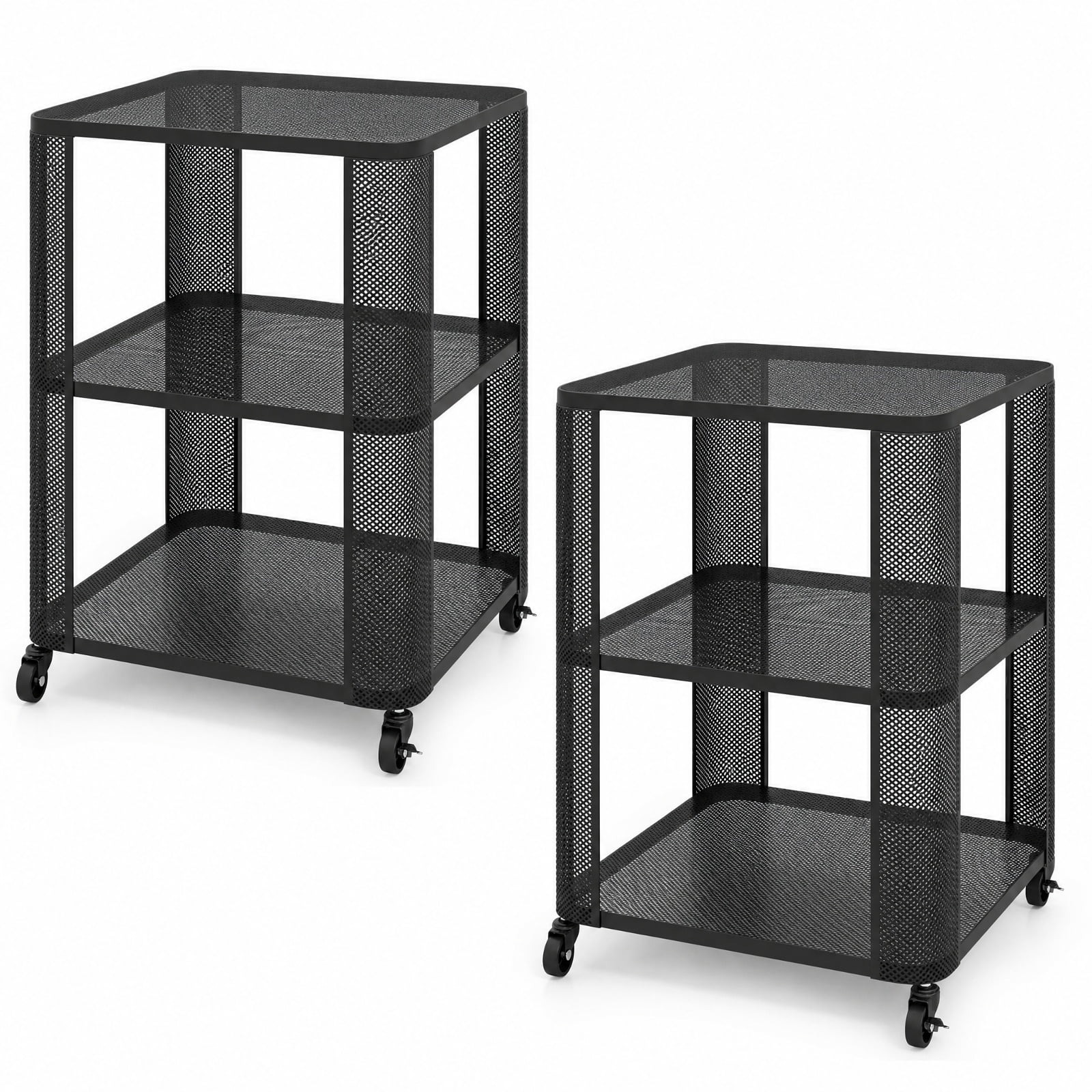 Furnibear 3 Tier Rolling End Table Set of 2 with Locking Casters and Metal Mesh Storage Shelves for Living Room Bedroom and Dorm, Black