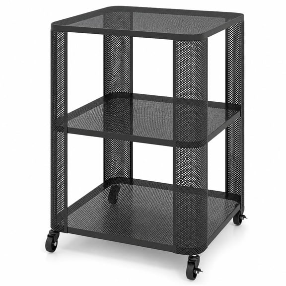 Furnibear 3 Tier Rolling End Table with Locking Casters and Metal Mesh Storage Shelves for Living Room Bedroom Apartment and Dorm, Black