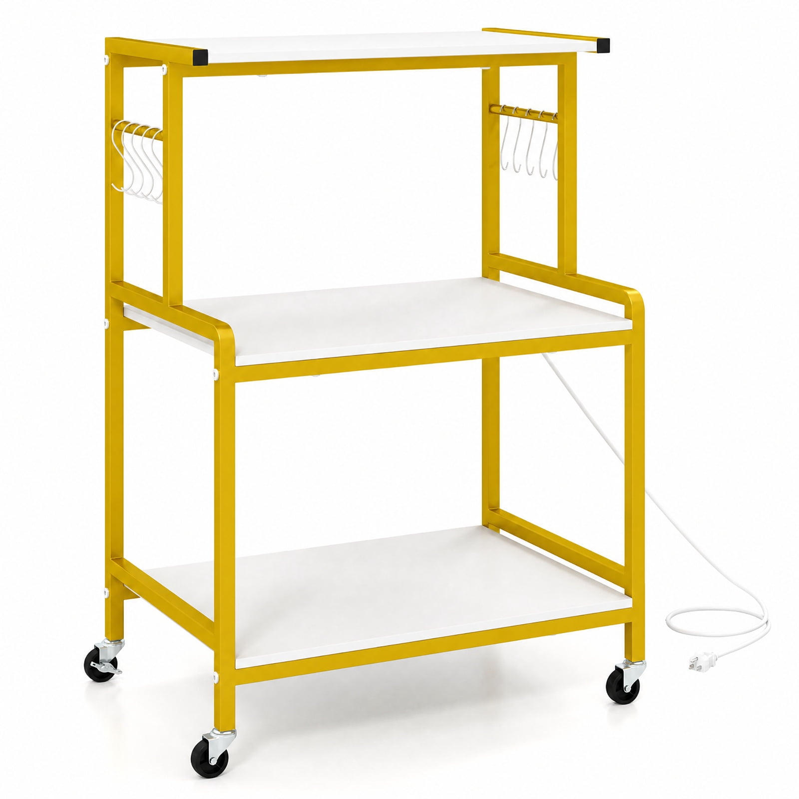 Furnibear 3-Tier Rolling Microwave Cart with Power Outlet and 10 Hooks and Lockable Wheels