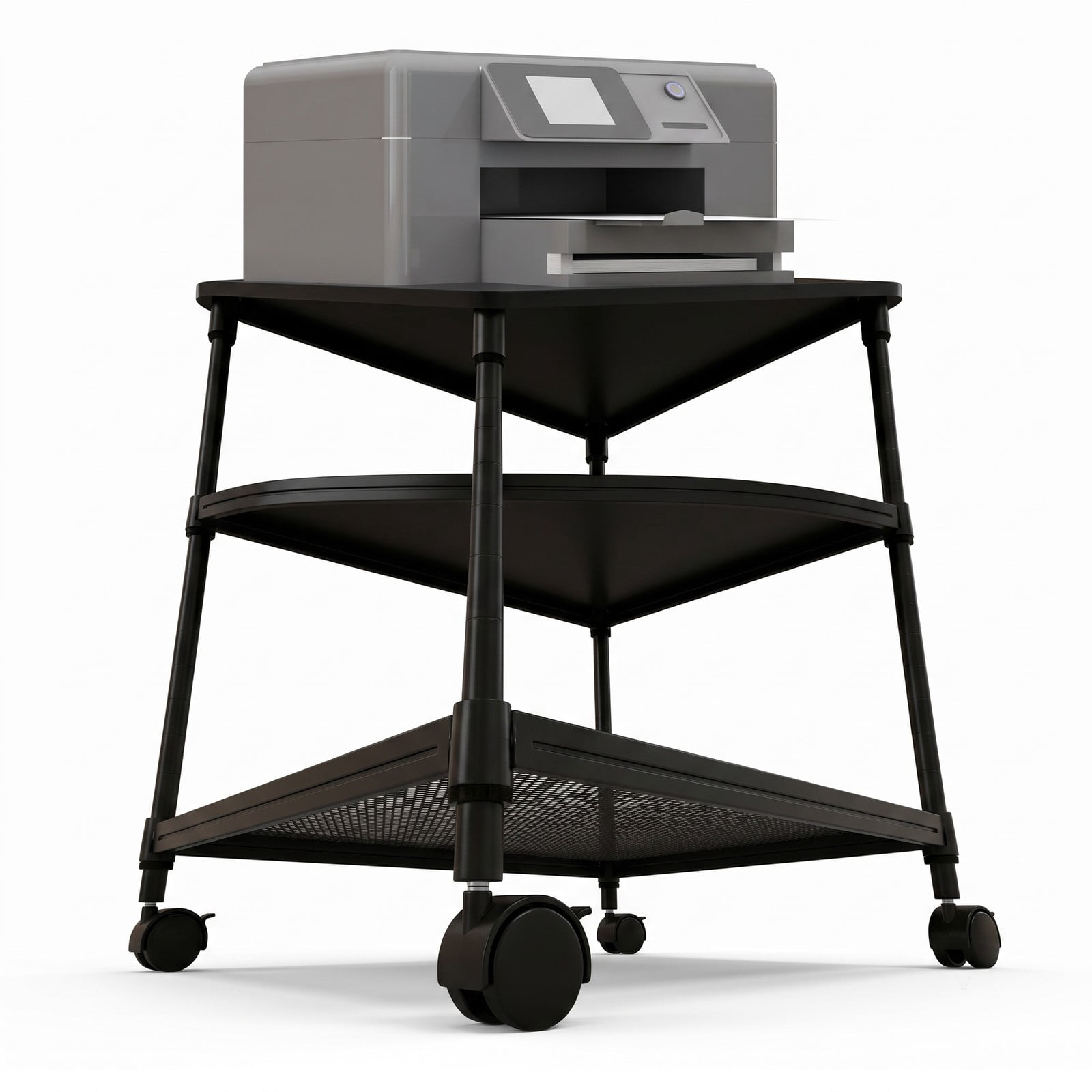 Furnibear 3 Tier Rolling Printer Stand Fax Cart with Adjustable Shelf, Swivel Locking Wheels, Wood Iron Mobile Storage Organizer for Home Office - Black