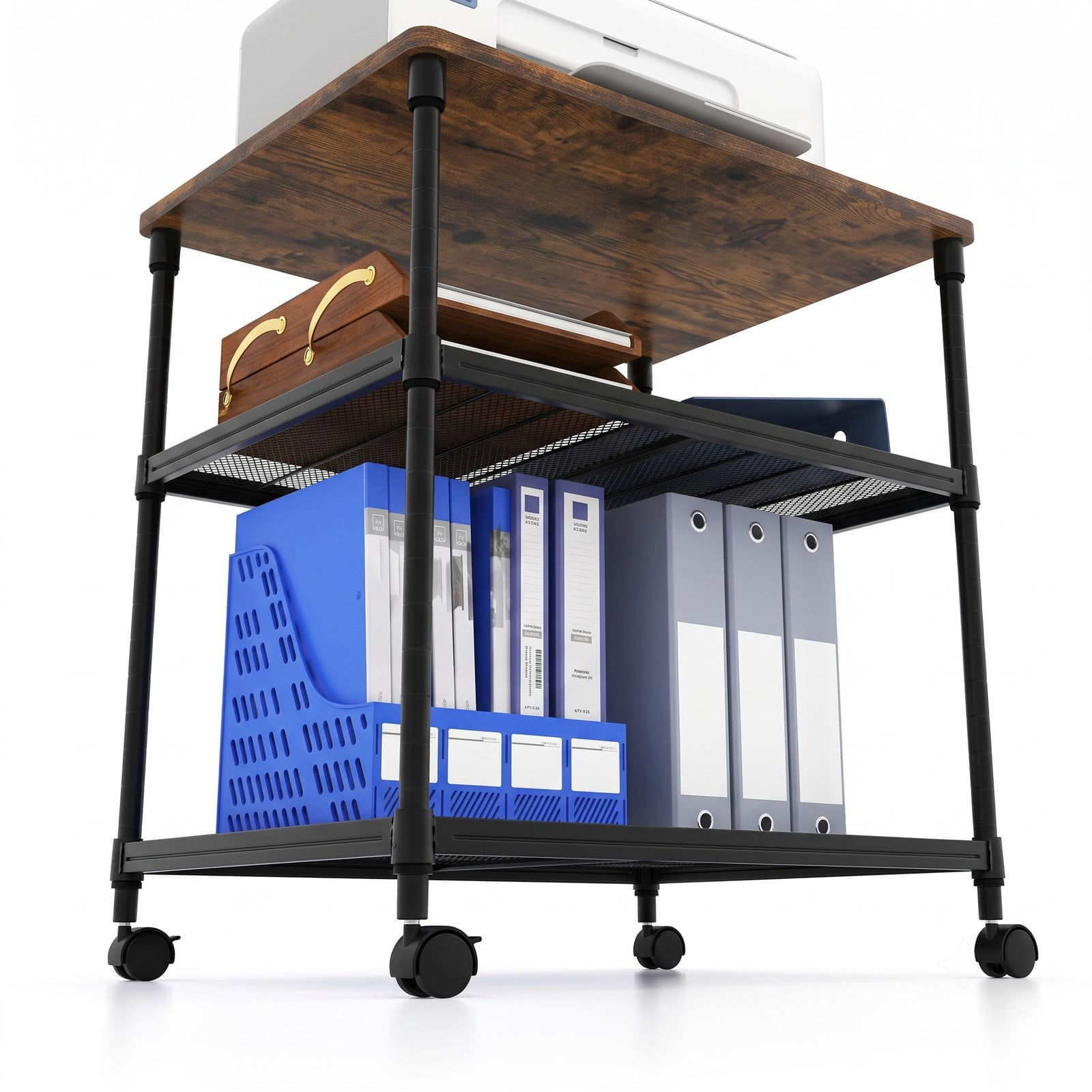 Furnibear 3 Tier Rolling Printer Stand Fax Cart with Adjustable Shelf, Swivel Locking Wheels, Wood Iron Mobile Storage Organizer for Home Office - Coffee
