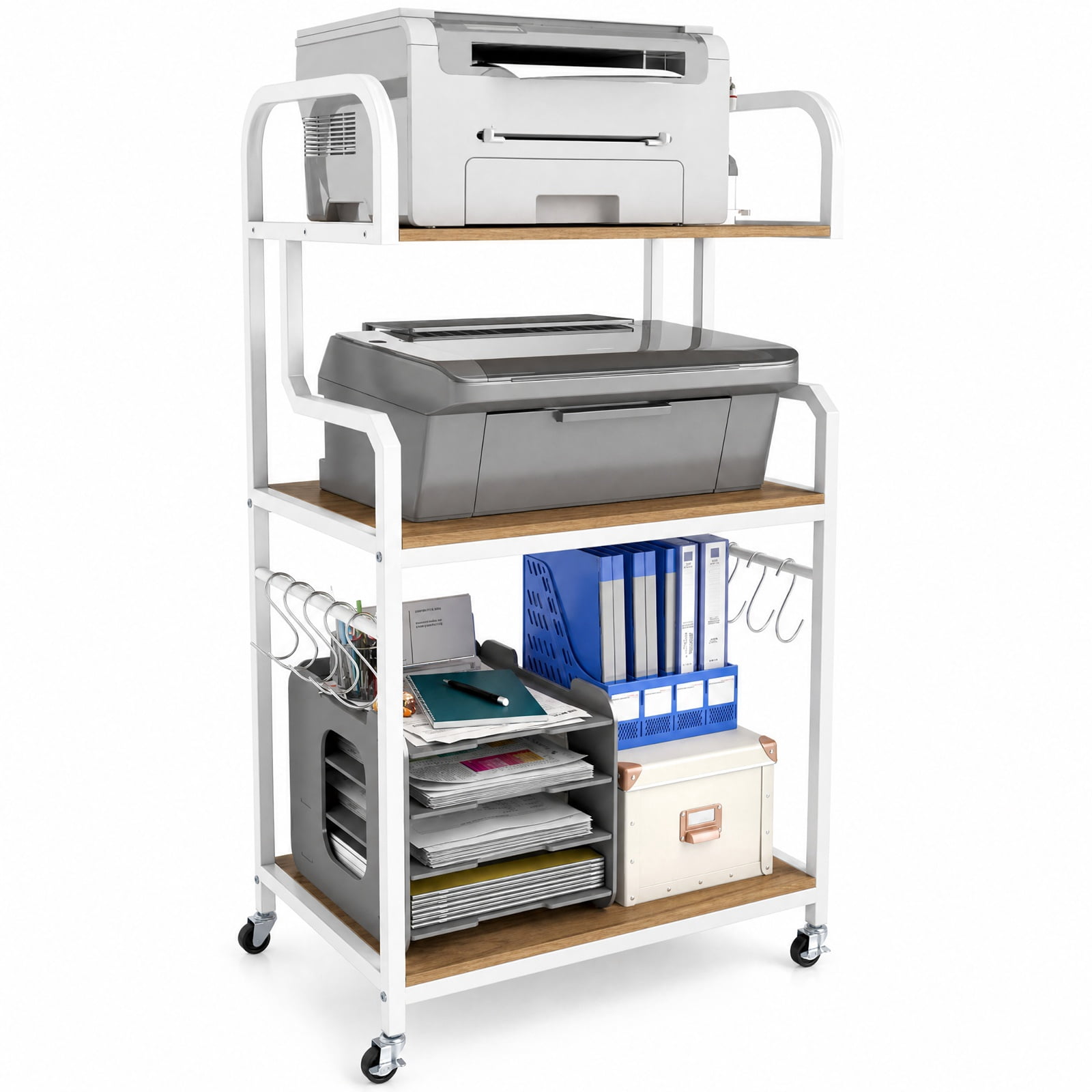 Furnibear 3-Tier Rolling Printer Stand Home Office Large Printer Cart with Storage Shelves for Home Office Printer Machine Under Desk Storage, Natural