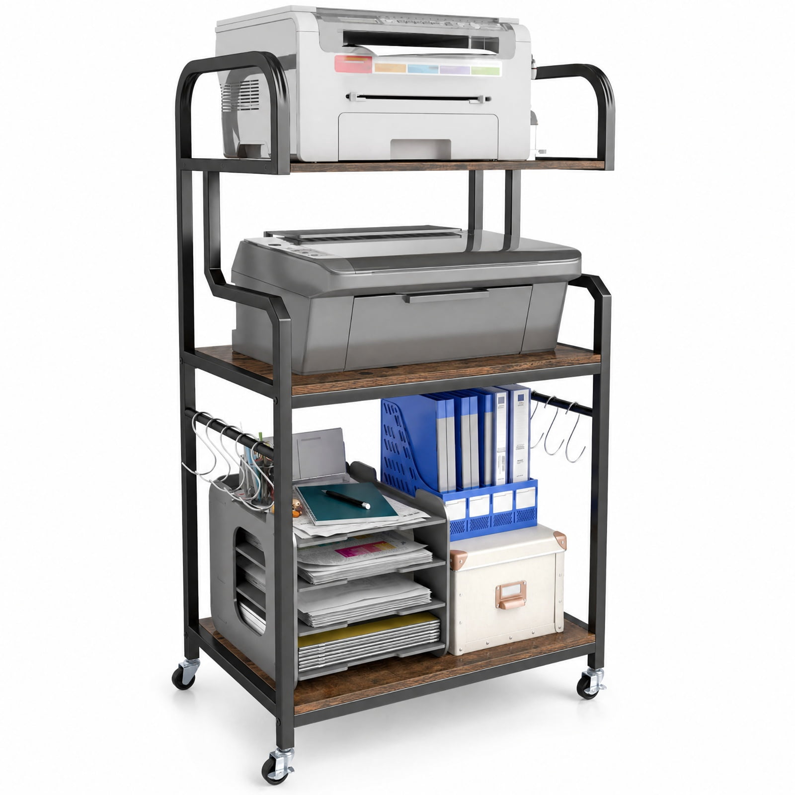 Furnibear 3-Tier Rolling Printer Stand Home Office Large Printer Cart with Storage Shelves for Home Office Printer Machine Under Desk, Rustic Brown