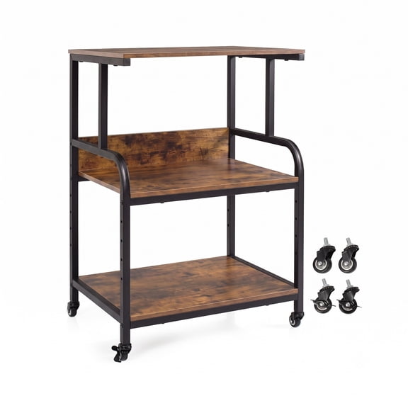 Furnibear 3-Tier Rolling Printer Stand, Mobile Printer Cart with 5-Level Adjustable Shelf and Lockable Wheels, Metal Frame Office Machine Cart for Home, Rustic Brown