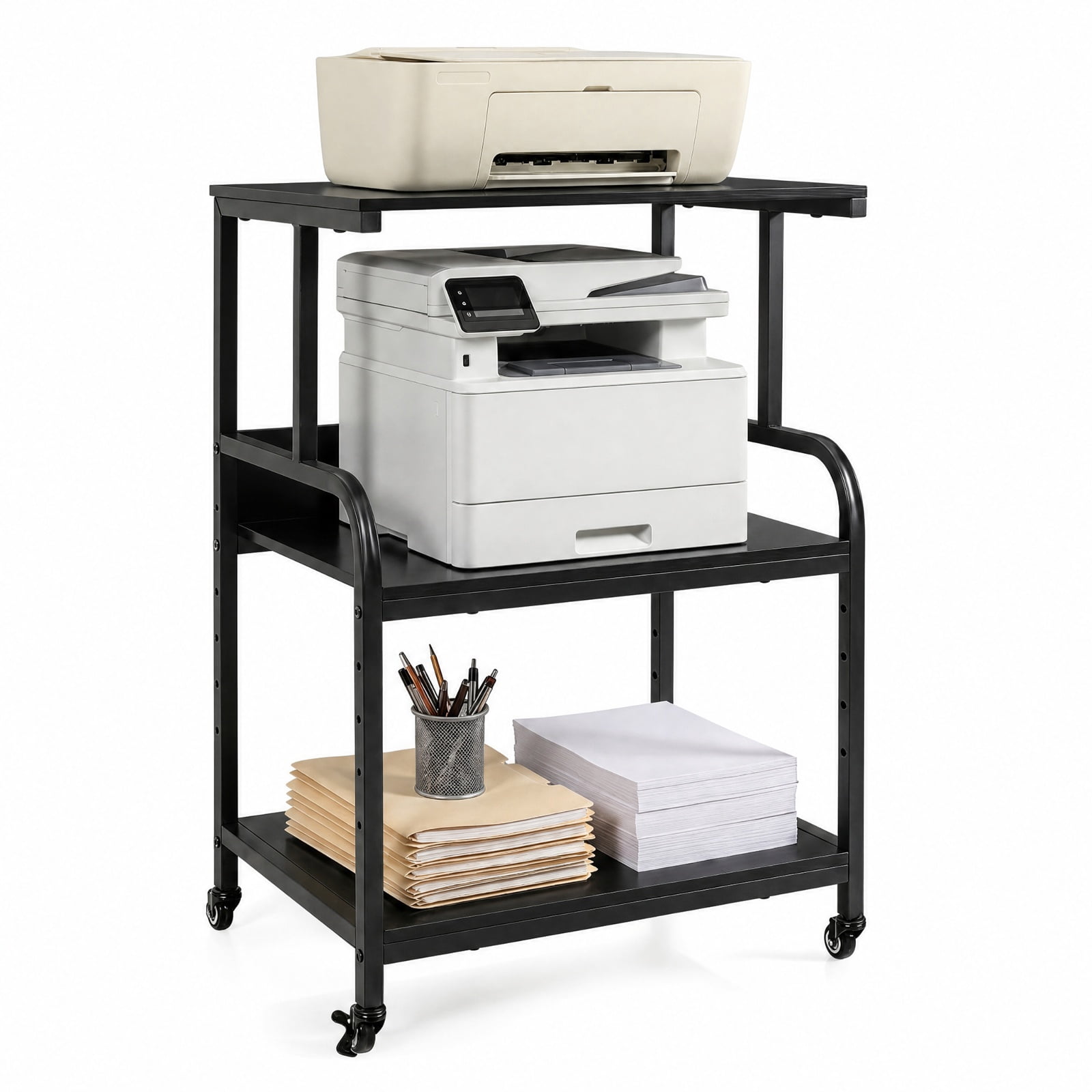 Furnibear 3-Tier Rolling Printer Stand with Adjustable Shelf and Lockable Wheels for Home Office Printer Machine Under Desk Storage, Black
