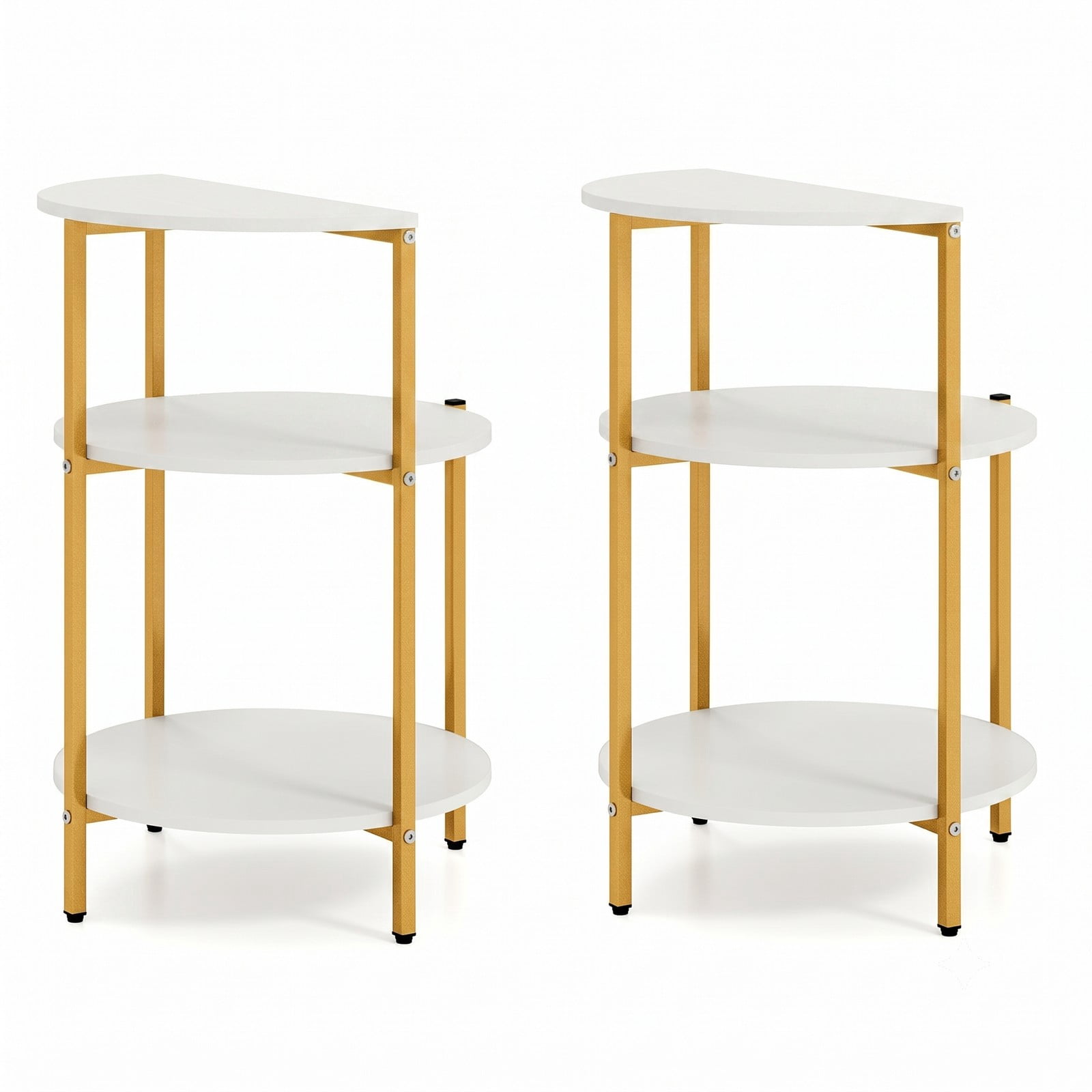Furnibear 3-Tier Round End Table Set of 2, Small Space Nightstand Side Table with Storage Shelves and X-Shaped Metal Base for Living Room Bedroom Entryway, White & Gold