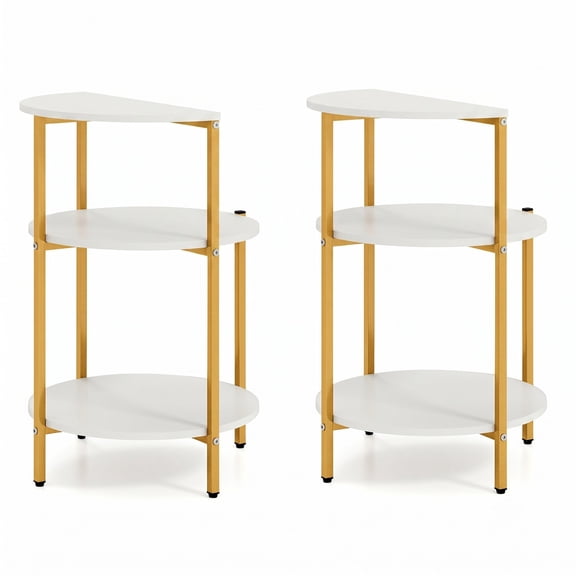 Furnibear 3-Tier Round End Table Set of 2, Small Space Nightstand Side Table with Storage Shelves and X-Shaped Metal Base for Living Room Bedroom Entryway, White & Gold