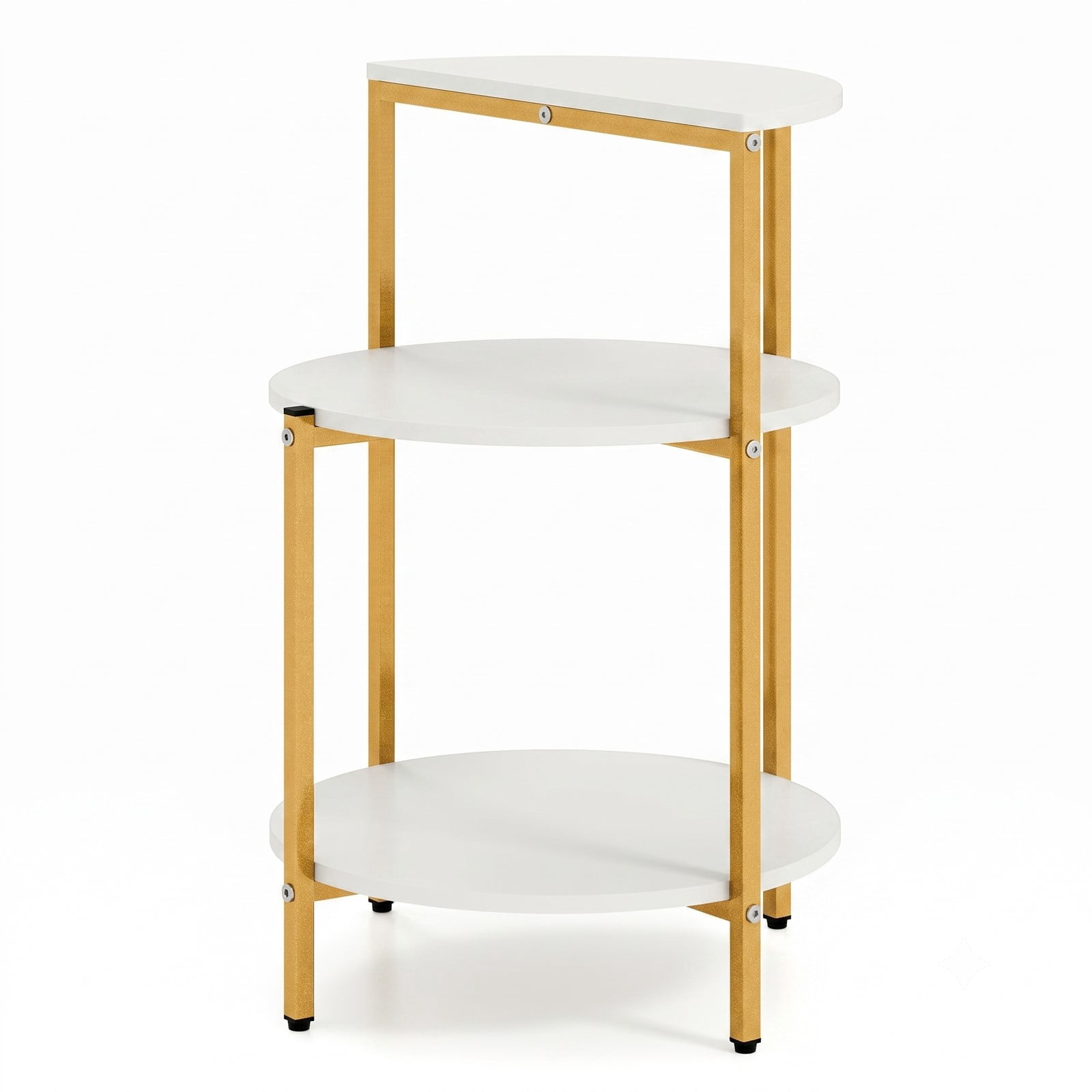 Furnibear 3-Tier Round End Table, Small Space Side Table Nightstand with Storage Shelves and X-Shaped Gold Metal Base for Living Room Bedroom Entryway, White & Gold