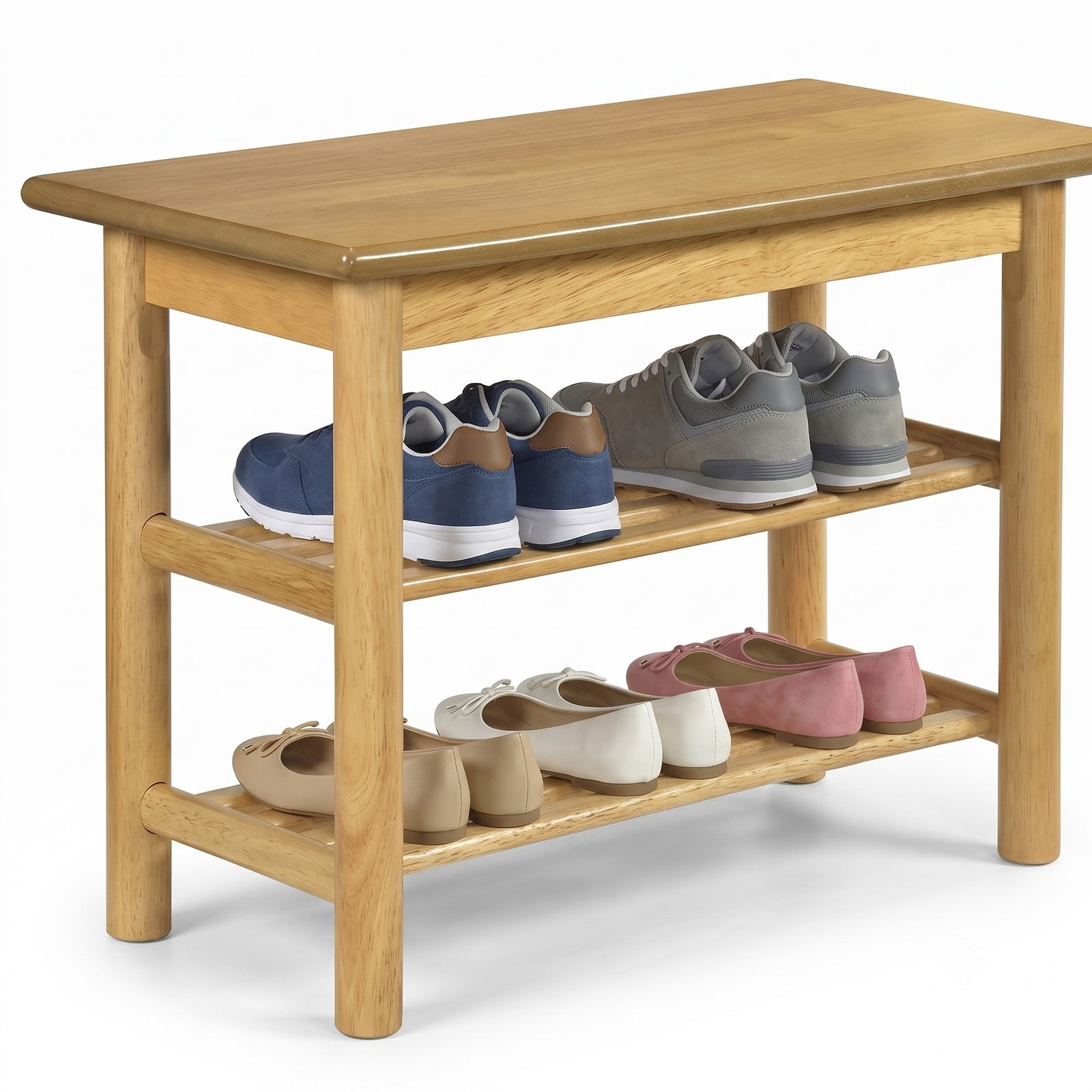 Furnibear 3-Tier Rubberwood Shoe Rack Bench with Wide Seat and Slatted Storage Shelves for Entryway Bedroom and Living Room, Natural