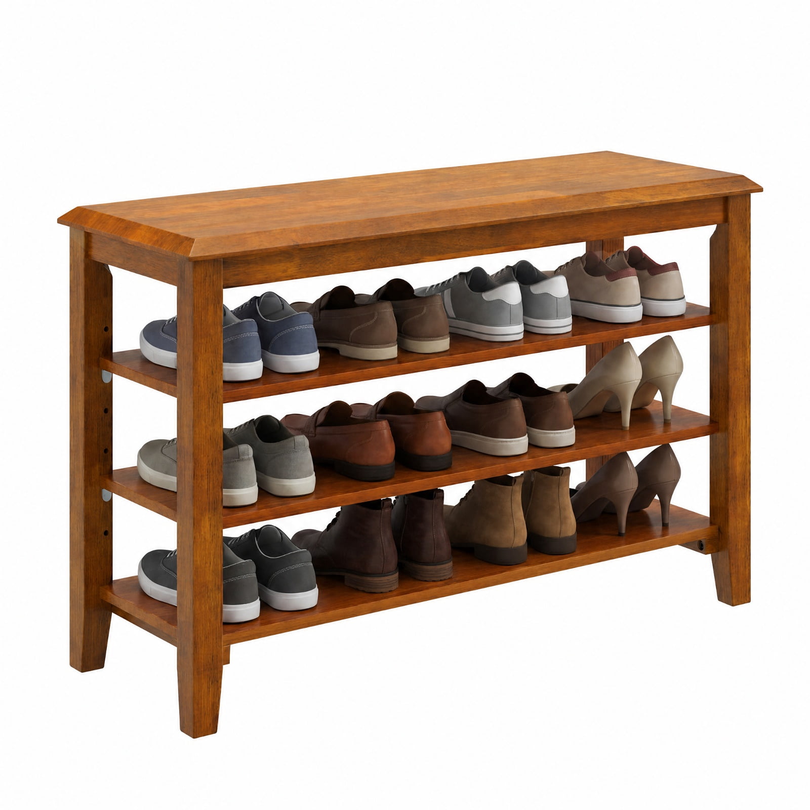 Furnibear 3 Tier Shoe Rack Bench with Adjustable Shelves and Rubber Wood Seat for Entryway and Living Room Shoe Storage, Brown