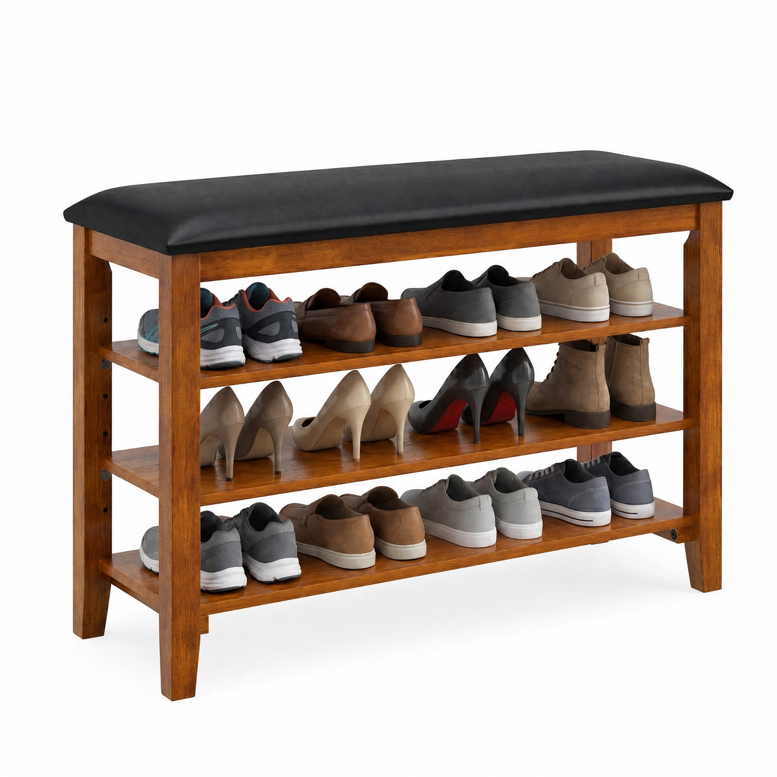 Furnibear 3 Tier Shoe Rack Bench with Adjustable Shelves and Soft Cushion for Entryway Living Room and Hallway Shoe Storage, Brown