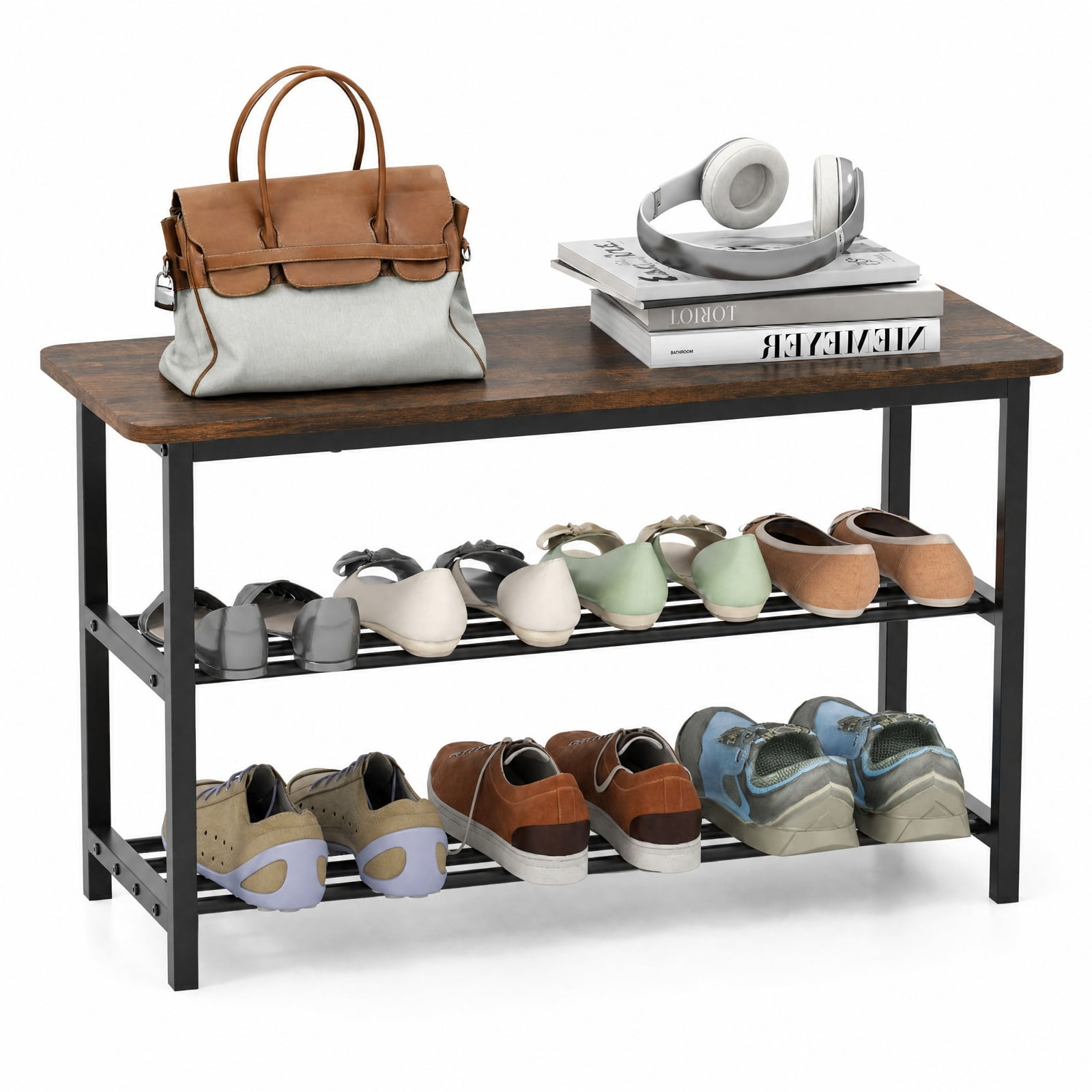 Furnibear 3 Tier Shoe Rack Bench with Metal Slat Shelves and Long Wooden Seat for Entryway Hallway Shoe Storage Bench, Rustic Brown
