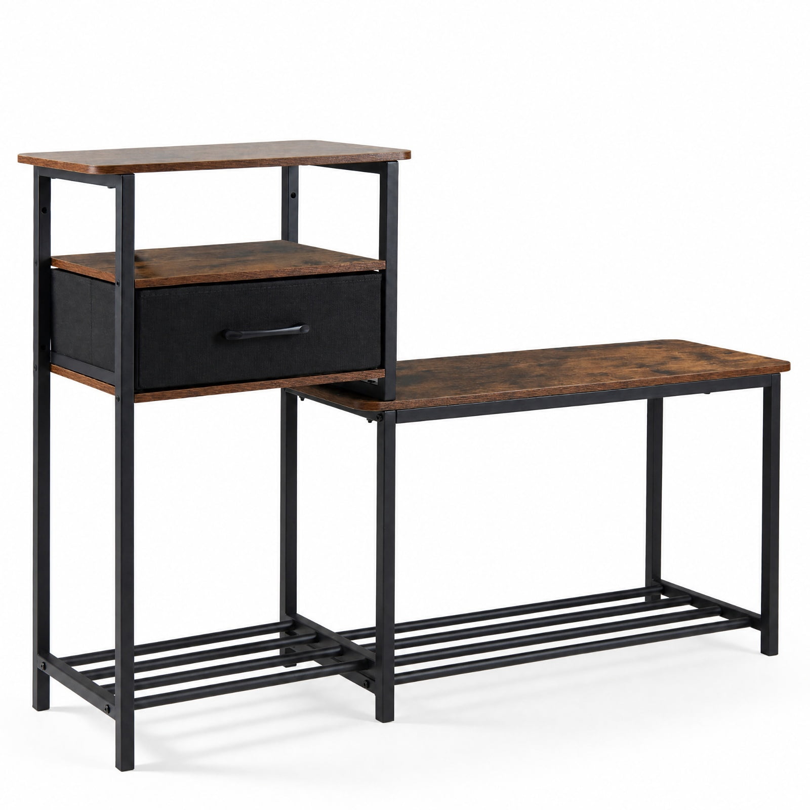 Furnibear 3 Tier Shoe Storage Rack Bench with Fabric Drawer and Metal Frame for Entryway Shoe Bench with Storage, Rustic Brown