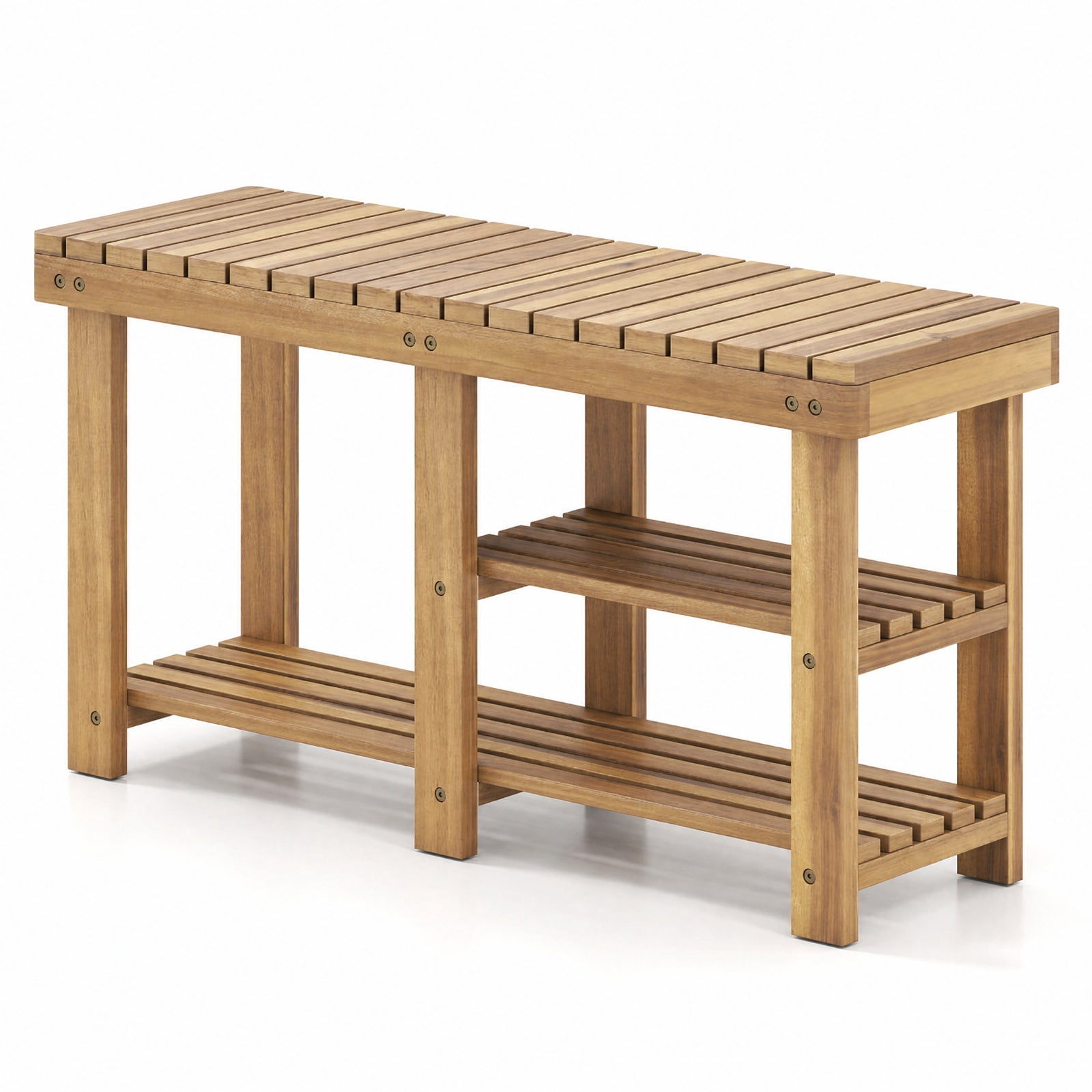 Furnibear 3 Tier Solid Wood Shoe Rack Bench with Slatted Shelves for Entryway Hallway and Living Room Shoe Storage Large Size, Natural