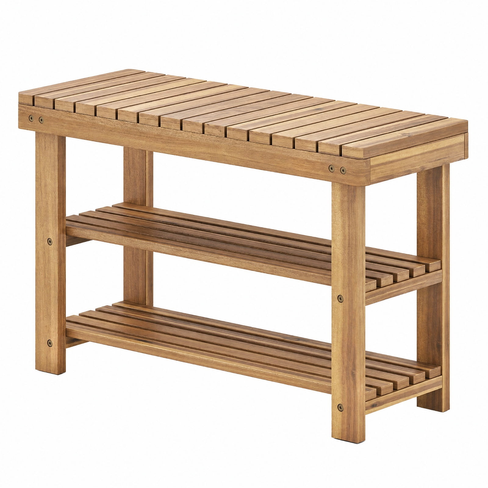 Furnibear 3 Tier Solid Wood Shoe Rack Bench with Slatted Shelves for Entryway Hallway and Living Room Shoe Storage Medium Size, Natural