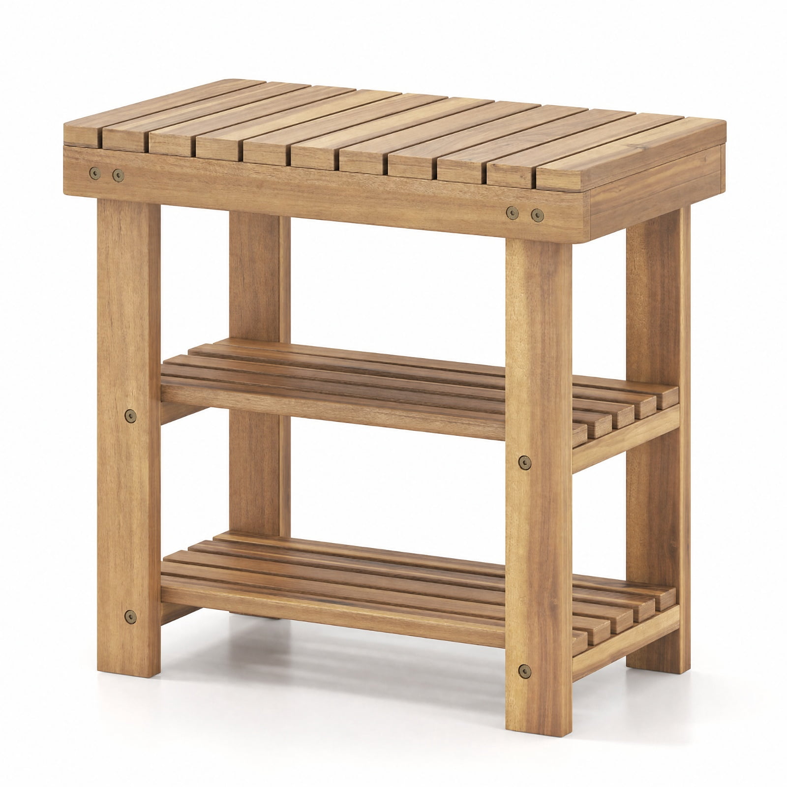 Furnibear 3 Tier Solid Wood Shoe Rack Bench with Slatted Shelves for Entryway Hallway and Living Room Shoe Storage Small Size, Natural
