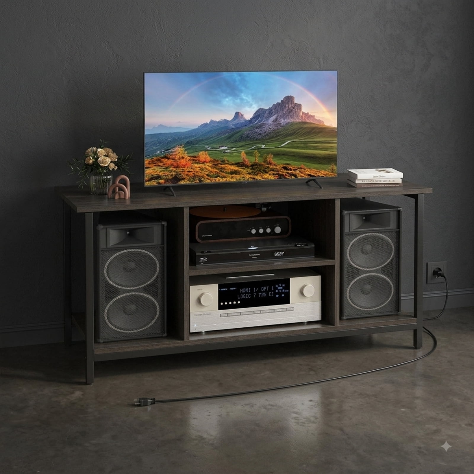 Furnibear 3 Tier TV Stand Entertainment Center with Power Outlet USB Ports and Adjustable Shelf for Living Room Media Storage, Gray