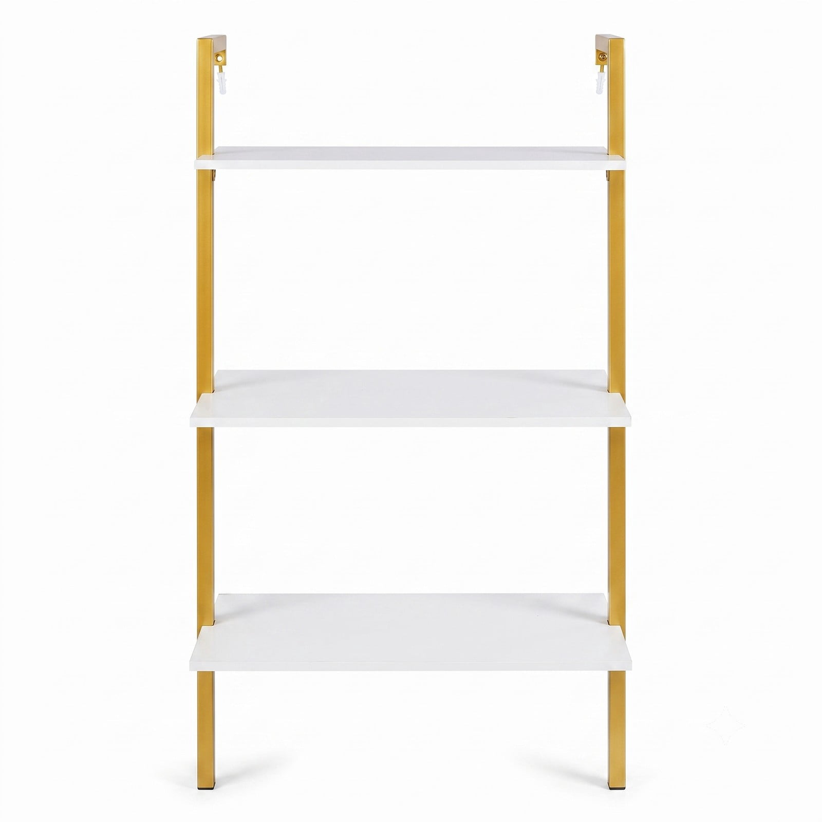Furnibear 3-Tier Wall Mounted Floating Shelves, Modern Metal Ladder Bookshelf Wood Storage Display Shelving Unit for Kitchen Bathroom Living Room Home, Gold and White