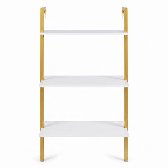 Furnibear 3-Tier Wall Mounted Floating Shelves, Modern Metal Ladder Bookshelf Wood Storage Display Shelving Unit for Kitchen Bathroom Living Room Home, Gold and White