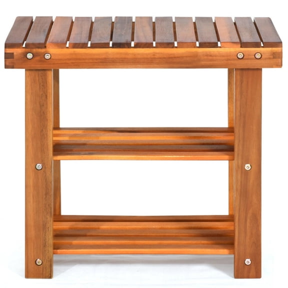 Furnibear 3-Tier Wood Shoe Rack 19' Shoe Bench Boots Organizer for Entryway Hallway Closet, Teak Color