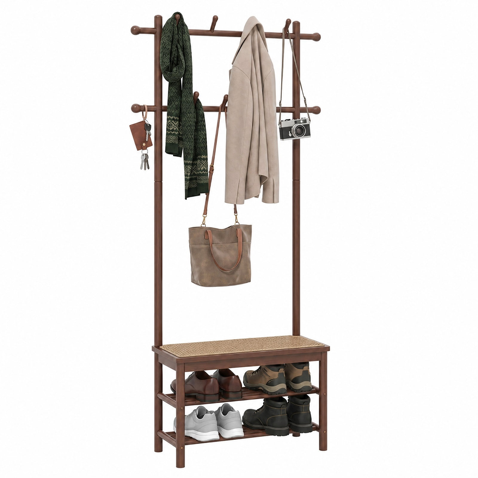 Furnibear 3 in 1 Bamboo Hall Tree Coat Rack with Bench and Shoe Storage and 11 Hooks for Entryway and Foyer and Hallway, Brown