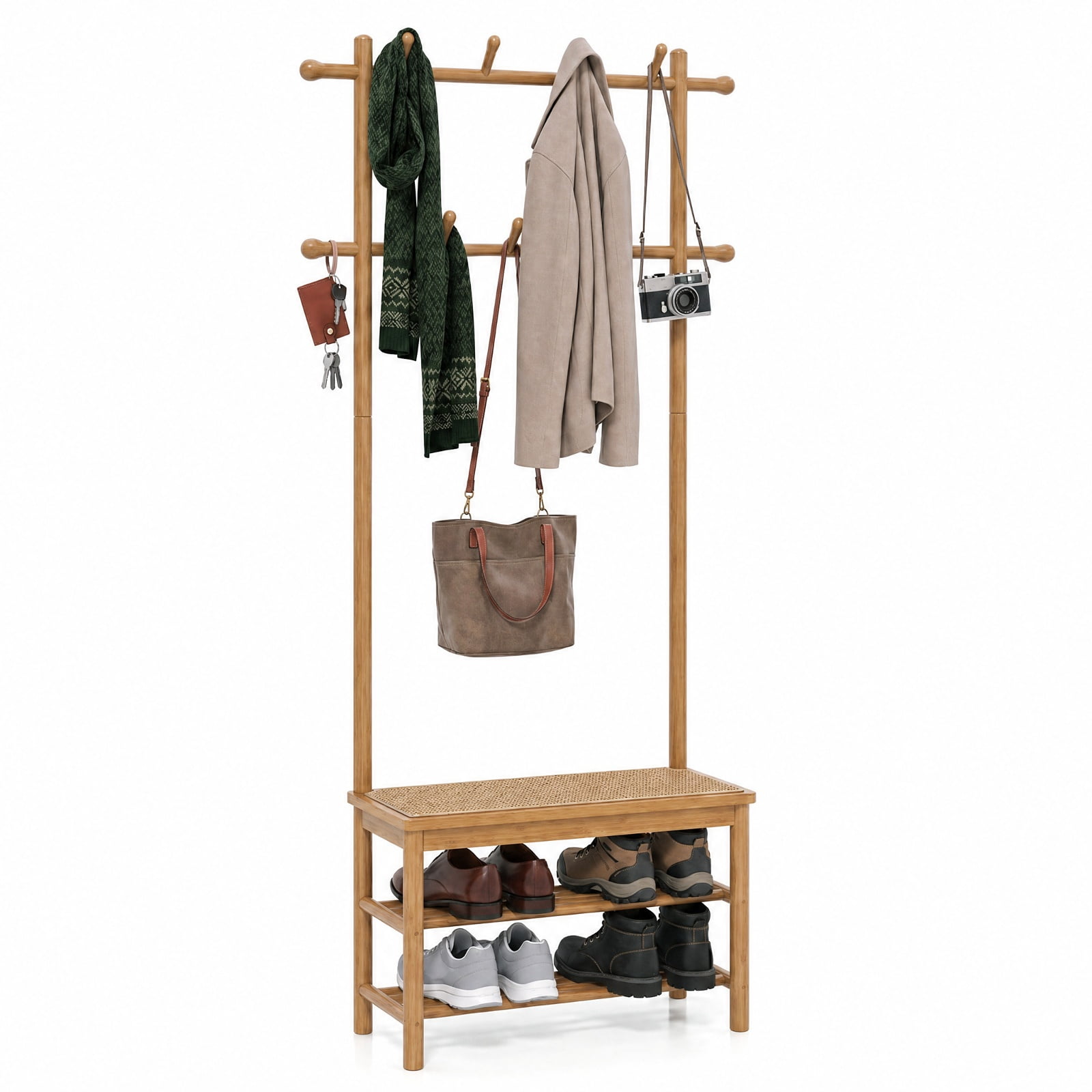 Furnibear 3 in 1 Bamboo Hall Tree Coat Rack with Bench and Shoe Storage and 11 Hooks for Entryway and Foyer and Hallway, Natural