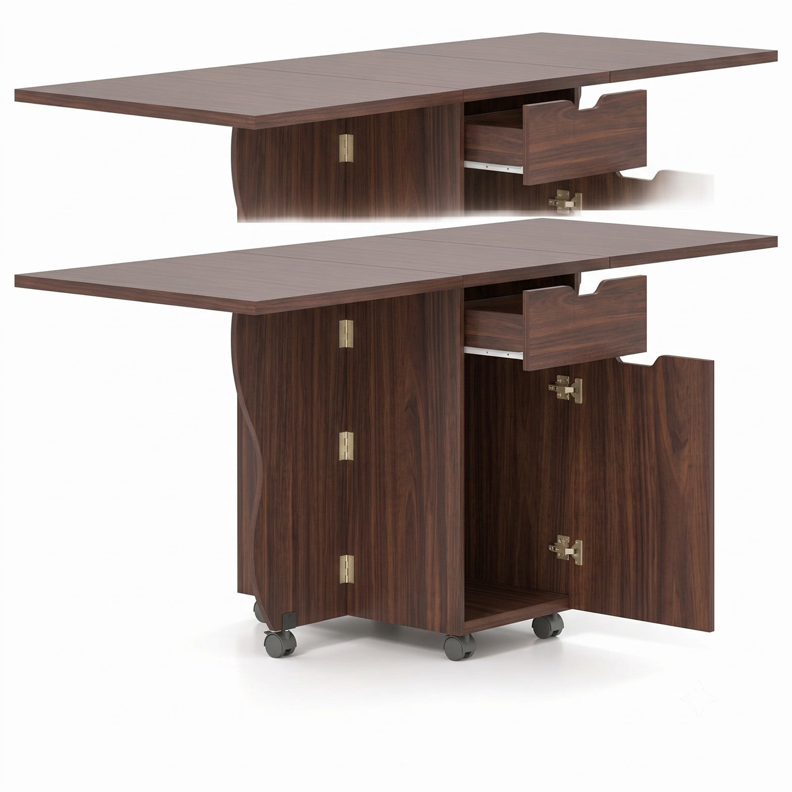 Furnibear 3-in-1 Folding Dining Table, Space-Saving Drop Leaf Kitchen Table with Storage Drawers, Cabinet & 6 Lockable Wheels for Small Spaces, Walnut