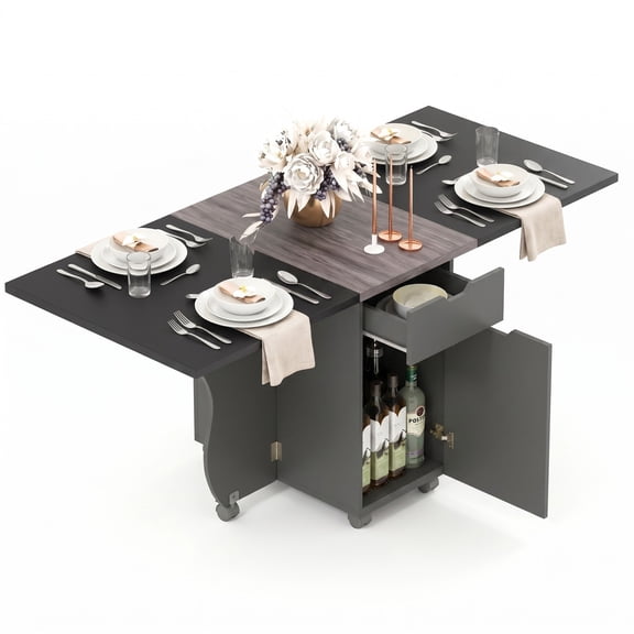 Furnibear 3-in-1 Folding Dining Table, Space-Saving Drop Leaf Kitchen Table with Storage Drawers, Cabinet & 6 Lockable Wheels for Small Spaces, Black