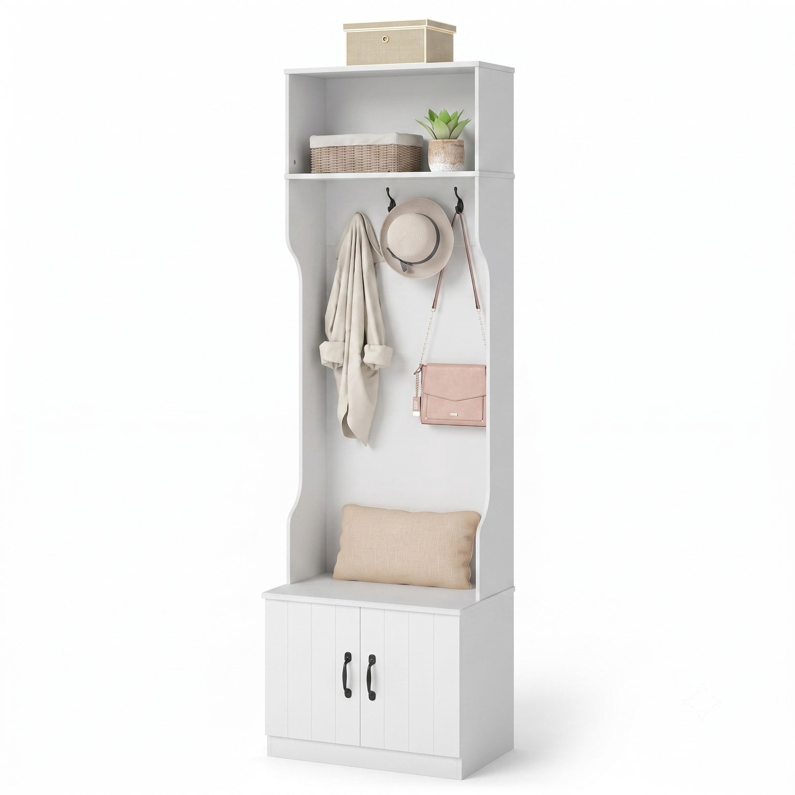 Furnibear 3 in 1 Hall Tree with Bench Shoe Cabinet and 4 Double Hooks 23.5 Inch Wide Mudroom Storage for Entryway, White
